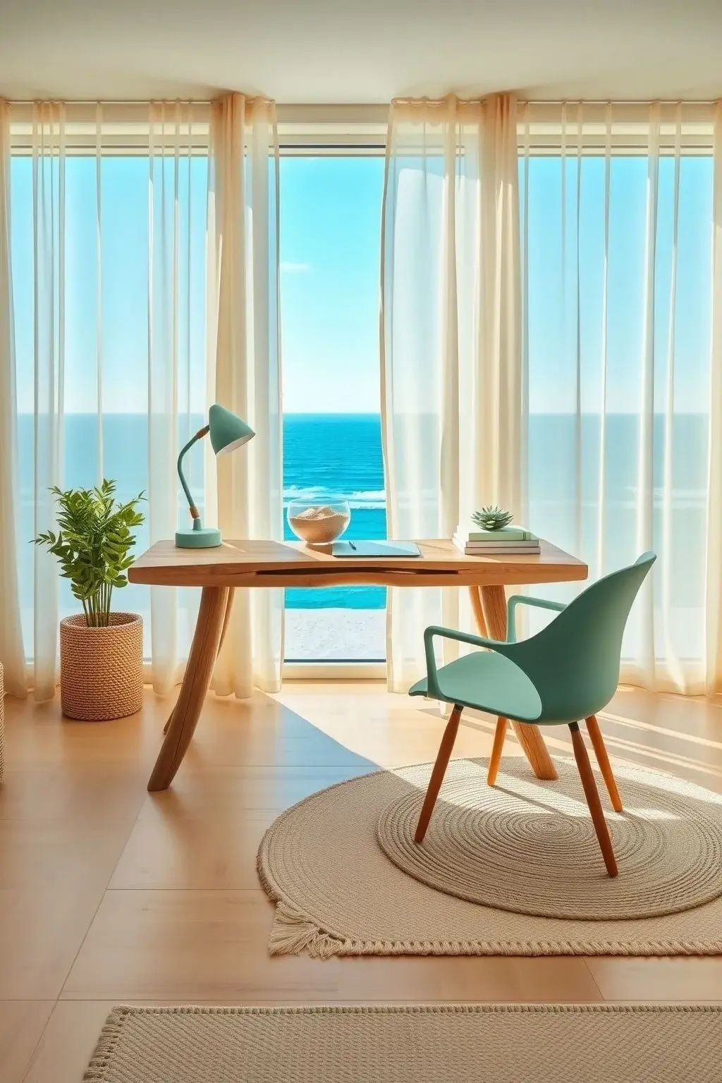 Aqua Hues Haven - Splash your walls with soft aqua or seafoam greens to mimic the ocean’s embrace. These calming colors evoke tranquility and encourage focus, creating an ambiance where ideas can sail smoothly. Pair them with white or sandy beige accents to enhance the coastal feel.