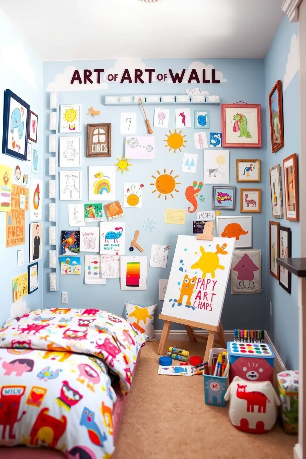 The Art Wall of Wonders - Dedicate one wall to showcasing your child's art creations. Use string and clothespins or frames with interchangeable pictures, making it easy to switch out masterpieces. This turns clutter into decor and gives kids a sense of pride in their creativity.