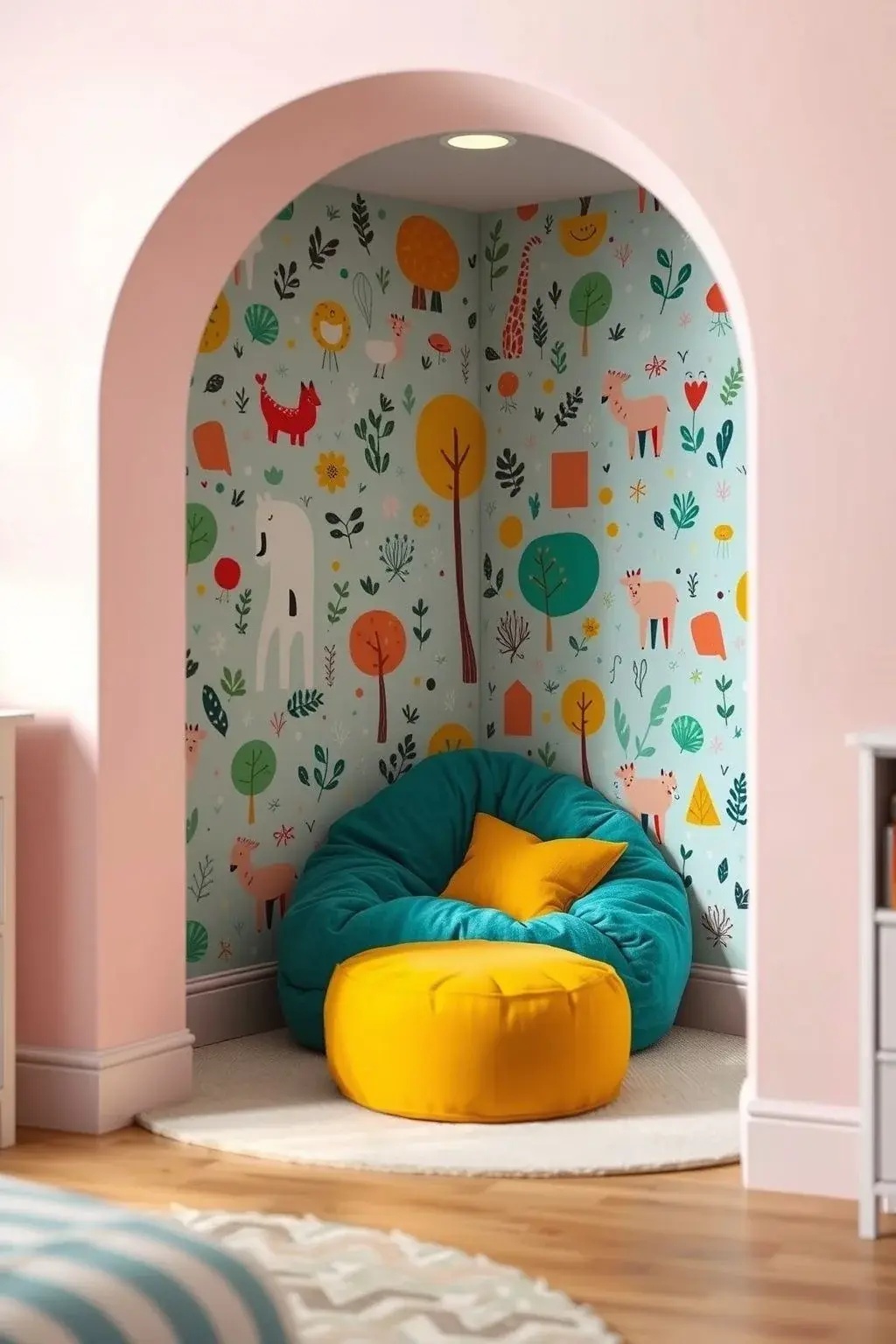 Chic Nook Retreat - Turn a small corner into a cozy reading nook by wrapping it in Muse in Multicolor wallpaper. Add a plush chair, layered throw blankets, and ambient lighting to create an inviting escape. This idea not only showcases the wallpaper's vibrancy but also offers a personal sanctuary for relaxation and creativity.