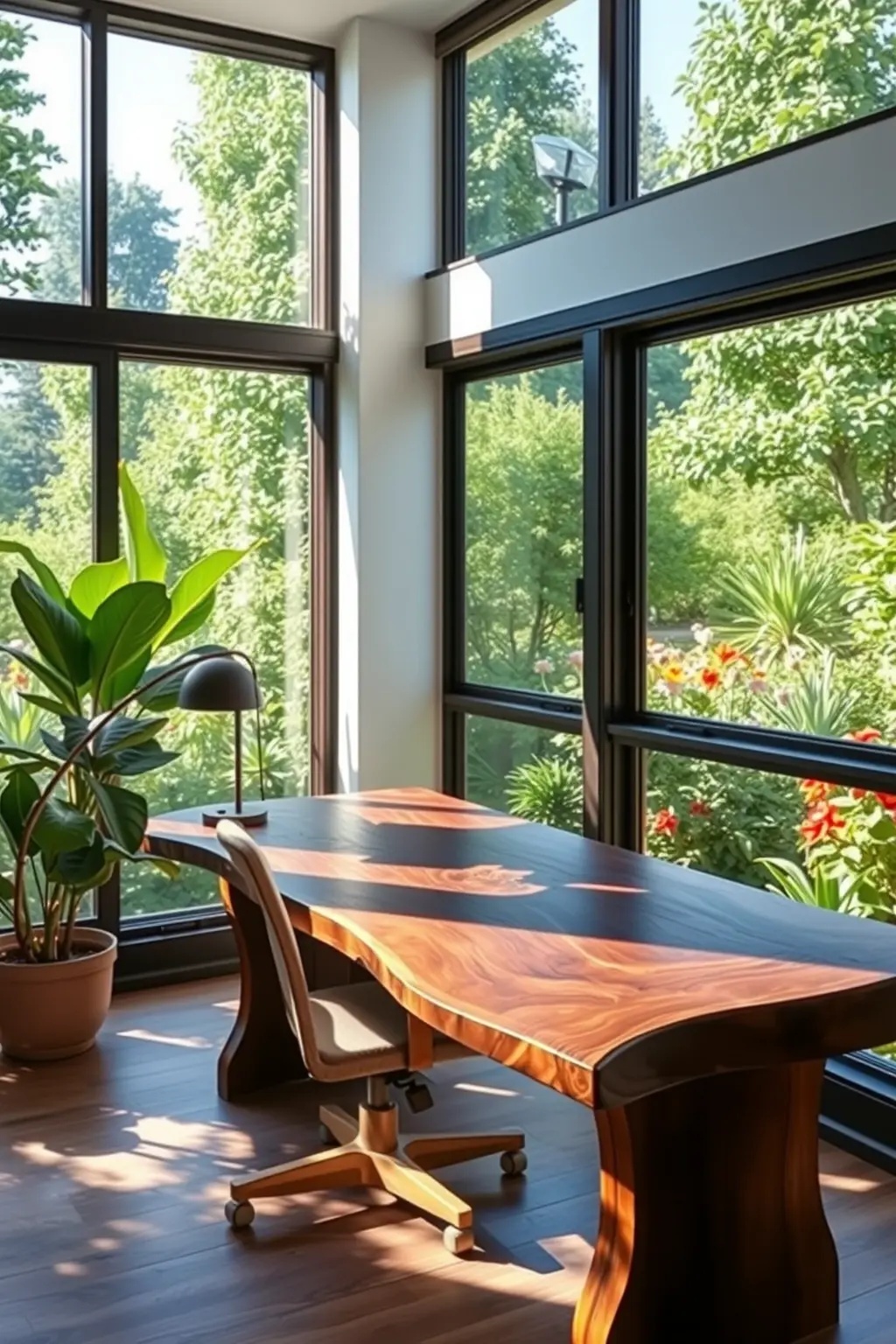 Nature's Embrace - Invite the outdoors inside with Nature's Embrace, a design that harmonizes your office with the beauty of nature. Utilize natural light, wooden elements, and greenery to create a refreshing atmosphere. Incorporate a large window desk to bask in sunlight, promoting wellness and productivity while celebrating simplicity.