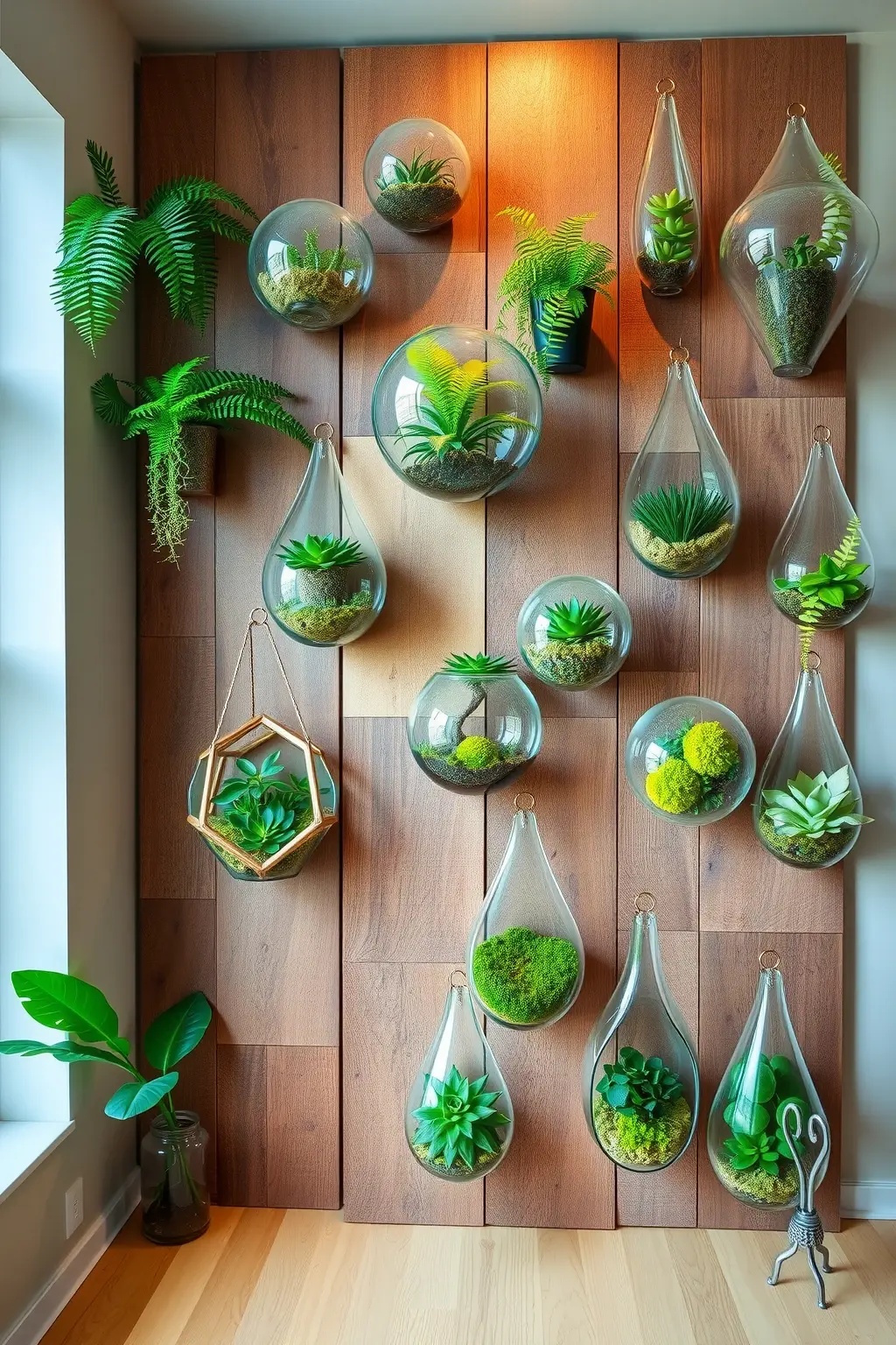 Terrarium Wall of Wonders - Create a stunning focal point using framed terrariums. These glass enclosures can house miniature ecosystems, each one a tiny world of its own. Arrange them in an eclectic gallery wall style, merging art with nature in a way that’s both striking and thought-provoking. It's a perfect conversation starter that challenges the boundaries of traditional wall art.