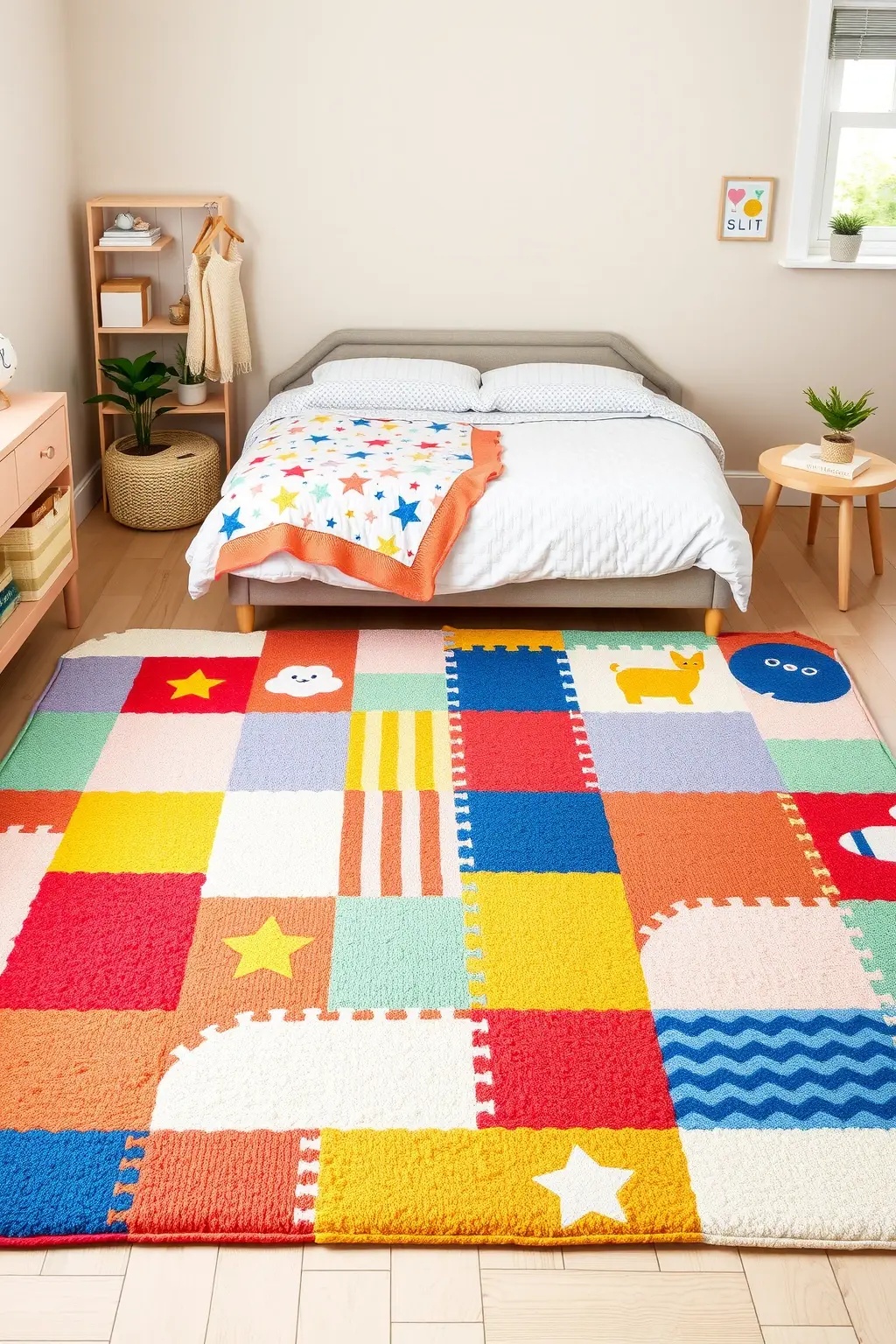 The Multi-Tasking Play Mat - Opt for a large, soft, foldable play mat that can be stored away easily when not in use. This mat can double as a cozy sleeping area for playdates or a comfortable spot for family story sessions, keeping the room cozy and functional.