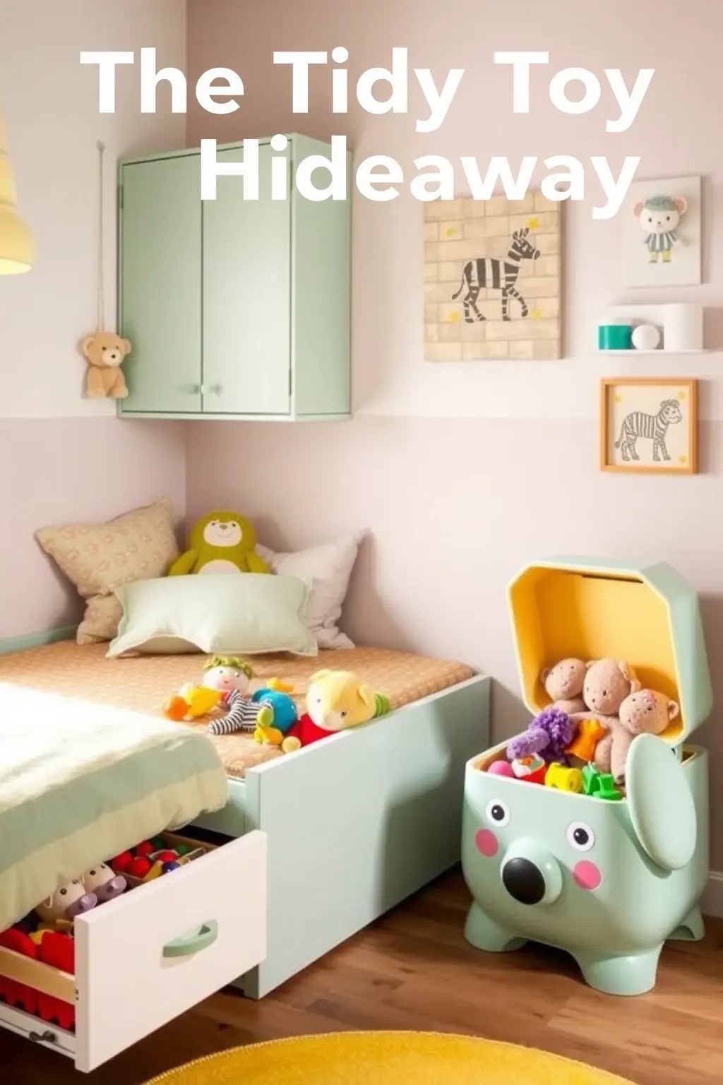 The Tidy Toy Hideaway - Incorporate stylish baskets or bins under the bed or in corners to keep toys organized. Choose natural materials and soft colors to ensure they blend seamlessly with the room's decor, turning everyday storage into an aesthetically pleasing solution.