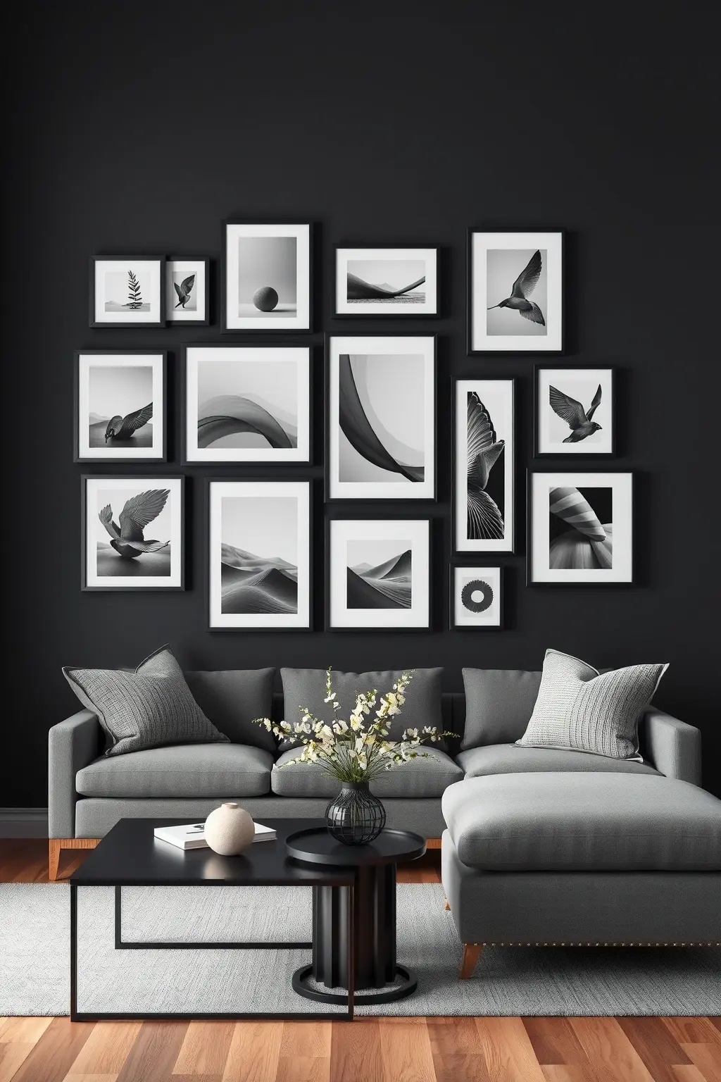 Gallery of Shadows - Play with depth by incorporating varying frame sizes and orientations. The juxtaposition of landscapes, geometric shapes, and organic forms creates a dynamic visual rhythm. Use matte black frames to enhance the mysterious allure, letting your wall act as a portal to an avant-garde gallery filled with layered stories.