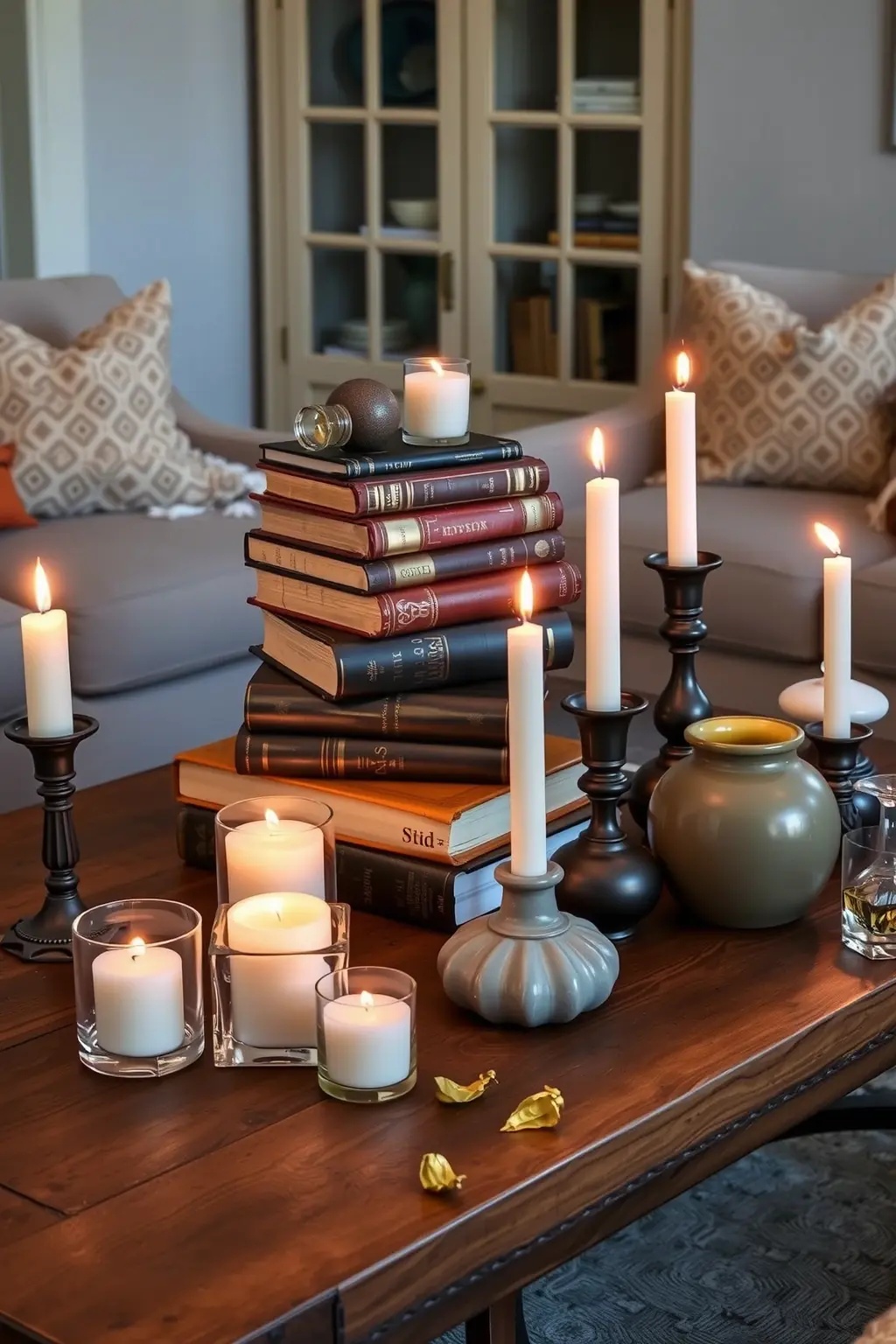 Candlelit Chronicles - Subvert traditional decor by placing candles directly atop open books, showcasing their vibrant covers while casting a warm glow. Choose a mix of pillar and tapered candles for height variation, and opt for scented options to enhance the atmosphere. This unexpected pairing not only adds depth but also tells a story, as each book’s page turns in harmony with the flickering flame, inviting moments of reflection and coziness.