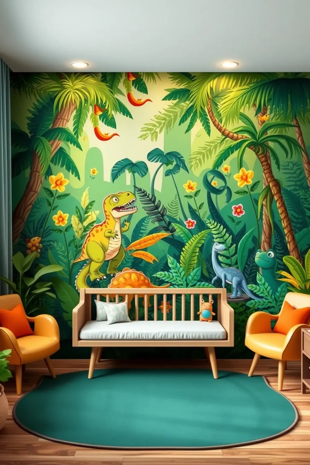 Jurassic Jungle Wall: A Storytelling Canvas - Elevate your child’s space with a captivating mural that brings the excitement of the Jurassic era to life! This storytelling canvas showcases playful dinosaurs frolicking amidst lush foliage, inviting kids to dive into their own narratives. Incorporating removable wall decals allows for flexibility, catering to changing interests without the commitment of wallpaper. Surround the mural with a gallery of framed artwork, featuring children's own dinosaur drawings, fostering a sense of pride and inspiring creativity. The wall becomes a living storybook, sparking joy and wonder every day.