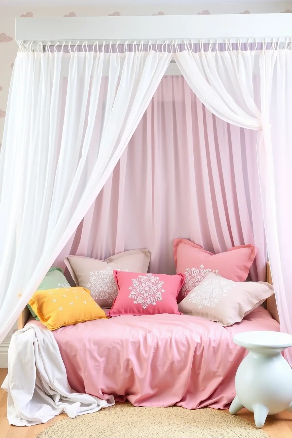 Pastel Paradise Pillows - Dive into a sea of comfort with an eclectic mix of pastel pillows in varying shapes and sizes. Think soft pinks, mellow yellows, and mint greens—each pillow a little piece of art. Choose cushions with playful textures, like pom-poms or fringe, to encourage lounging and elevate the aesthetic. This soft color palette is both soothing and playful, perfect for a dreamy escape.