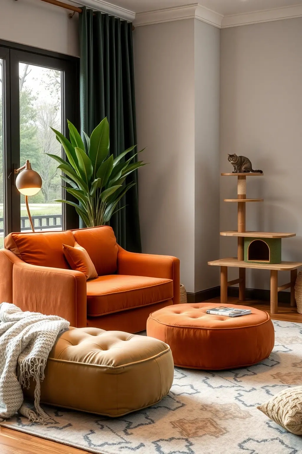 The Cozy Nook Retreat - Create a dreamy sanctuary within your home with a cozy nook retreat designed specifically for your cat. Picture a soft, cushioned alcove nestled beside a window, layered with textured fabrics and infused with warm, ambient lighting. Incorporate built-in storage for toys and treats, and finish it off with a rustic wooden frame to blend seamlessly with your decor. This retreat not only provides a serene spot for your feline friend to lounge but also adds an inviting aesthetic to your living space.