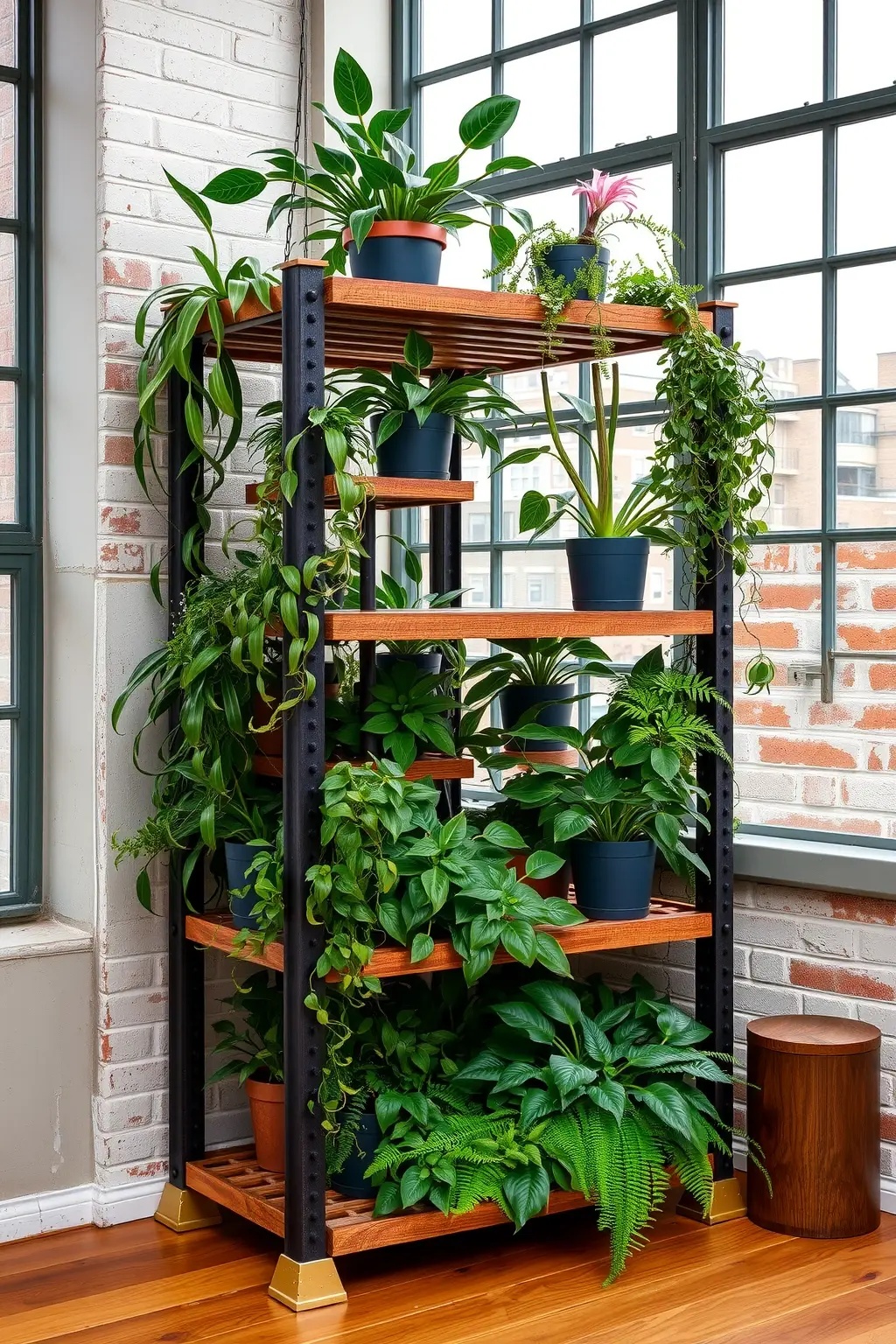 The Industrial Rebel Tower - Take a detour from the standard plant stands and opt for a DIY industrial shelving unit! Use metal plumbing pipes and reclaimed wood to create a towering structure that reaches for the ceiling. Layer it with your favorite plants, books, and even some funky art pieces. This combination creates a visual feast that’s equal parts organic and edgy. Mix in a splash of neon paint for a pop of color, or leave it raw for that gritty urban vibe. Who needs traditional when you can have raw, powerful, and unapologetically bold?