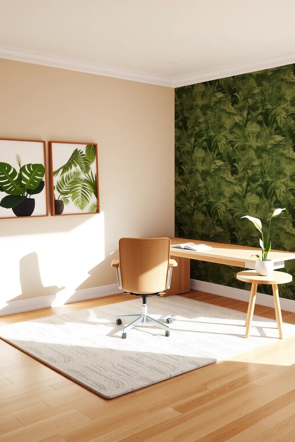 The Nature's Palette - Transform your workspace into a vibrant canvas inspired by nature’s hues. Opt for a minimal wood desk that connects you to the earth, and accentuate it with a collection of small potted herbs or succulents. Each plant not only adds a pop of color but also infuses the air with a fresh scent, invigorating your senses. Complement this setup with soft, adjustable lighting that adapts to your mood—whether it's a focused task or an evening of creativity. The Nature's Palette invites you to explore the interplay of light, color, and texture, making your workspace a dynamic and inspiring environment.