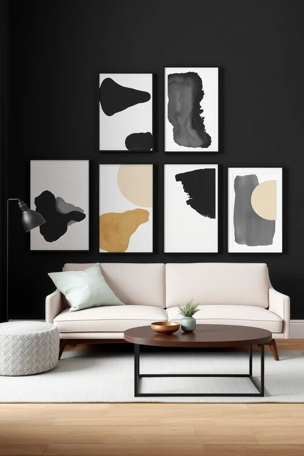 Moody Minimalist Magic - Embrace the drama of minimalism with a moody gallery wall that features oversized black frames housing large-scale abstract prints. Select a monochromatic color palette that plays with shadows and light, allowing the textures of the prints to take center stage. Arrange the frames in a grid-like pattern to create a sophisticated, cohesive look. Add unexpected elements like a vintage ladder leaning against the wall or a comfy reading nook underneath, inviting you to sink into cozy moments while surrounded by art that feels both intimate and bold.