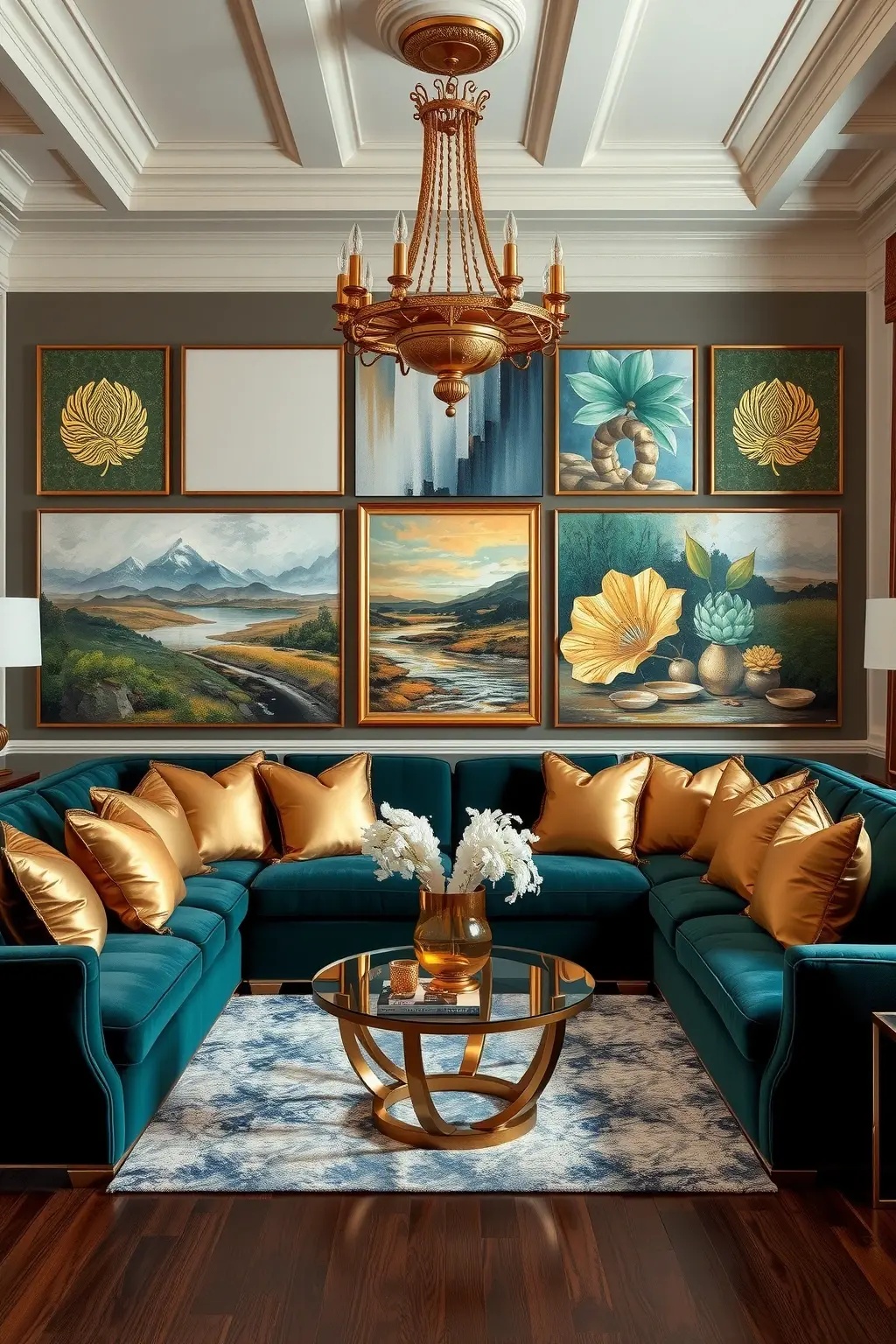 The Glamorous Gallery - Picture a vibrant space where art meets leisure—a gallery of textures and hues. Velvet armchairs, dressed in deep jewel tones, stand proudly against a backdrop of curated artwork. Each brass side table, a sculptural piece, plays its part in the narrative, reflecting light and adding a touch of modernity. This arrangement inspires conversations, making every gathering a celebration of creativity and design.