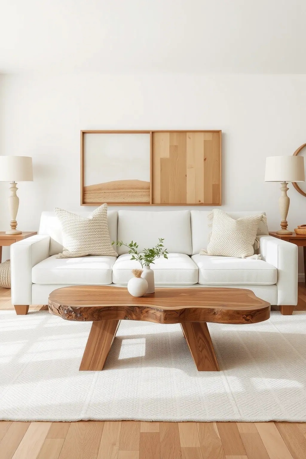 The Rustic Retreat - Step into a world where rustic charm takes center stage. Picture a spacious living room featuring a white sofa paired with a reclaimed wooden coffee table that boasts character and history. Layer the floors with a soft, textured rug that invites bare feet, while a gallery wall of art featuring landscapes and abstract pieces in soft colors breathes life into the neutral backdrop. Incorporate woven baskets for both storage and decor, and allow natural light to filter through sheer curtains, enhancing the organic feel of the space. This is a haven where each element harmonizes, creating a cozy retreat that inspires moments of connection and reflection.