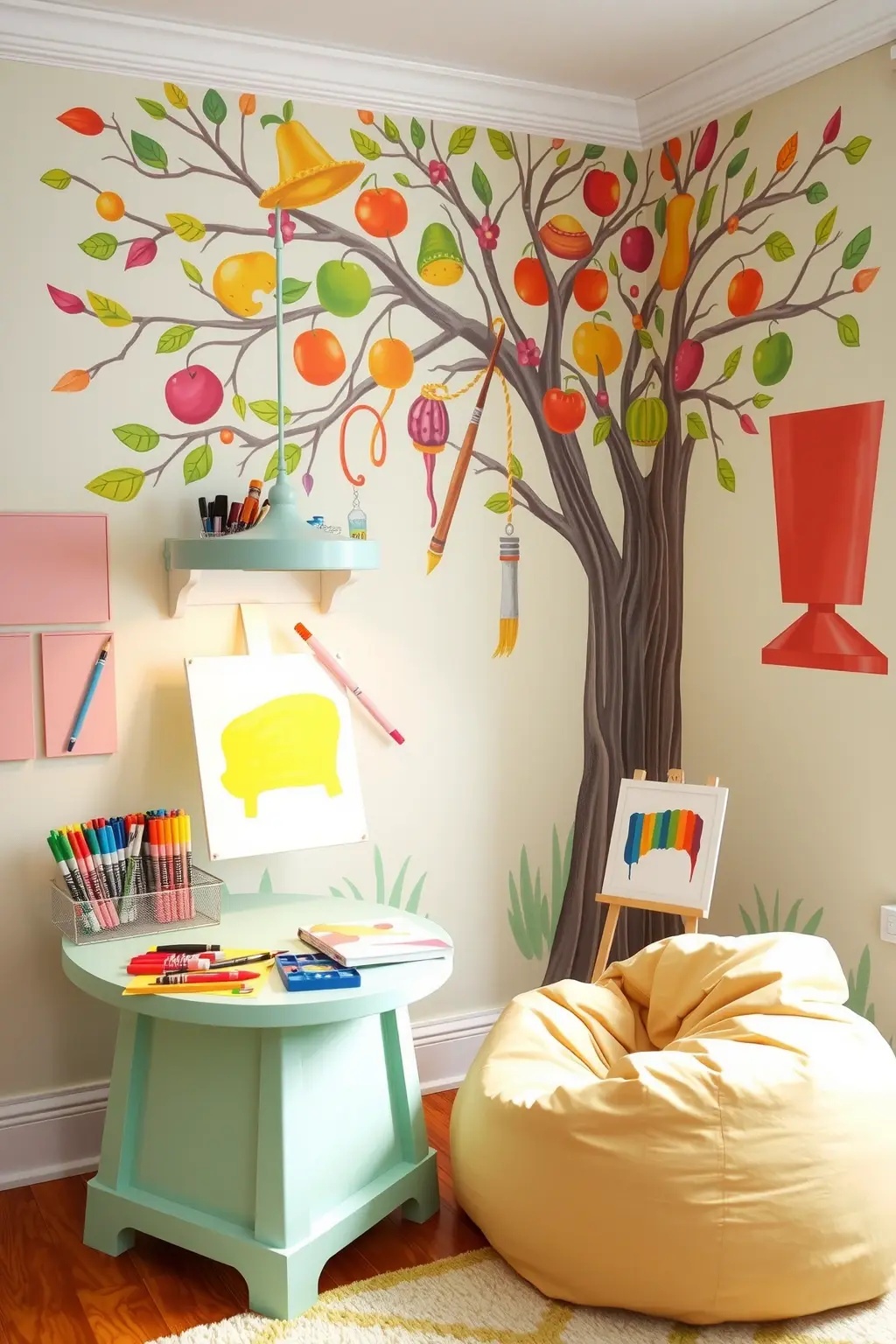 Artistic Expression Station - Set up a vibrant art corner complete with a chalkboard wall, magnetic paint surfaces, and an array of colorful art supplies neatly organized in stylish containers. Encourage your young Picassos to unleash their creativity, transforming their masterpieces into ever-evolving decor that reflects their imaginative minds.