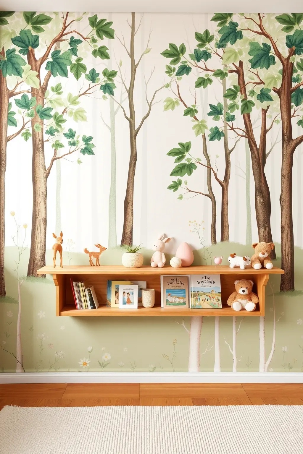 Nature's Storybook Wall - Turn your nursery wall into a vibrant storybook scene inspired by the forest floor. Use removable wallpaper featuring woodland creatures, lush greenery, and whimsical trees. Complement this enchanting backdrop with hand-painted wooden shelves shaped like logs, perfect for displaying beloved storybooks and plush toys. This immersive environment encourages storytelling, exploration, and imagination while remaining functional for easy access to your child’s favorite tales.