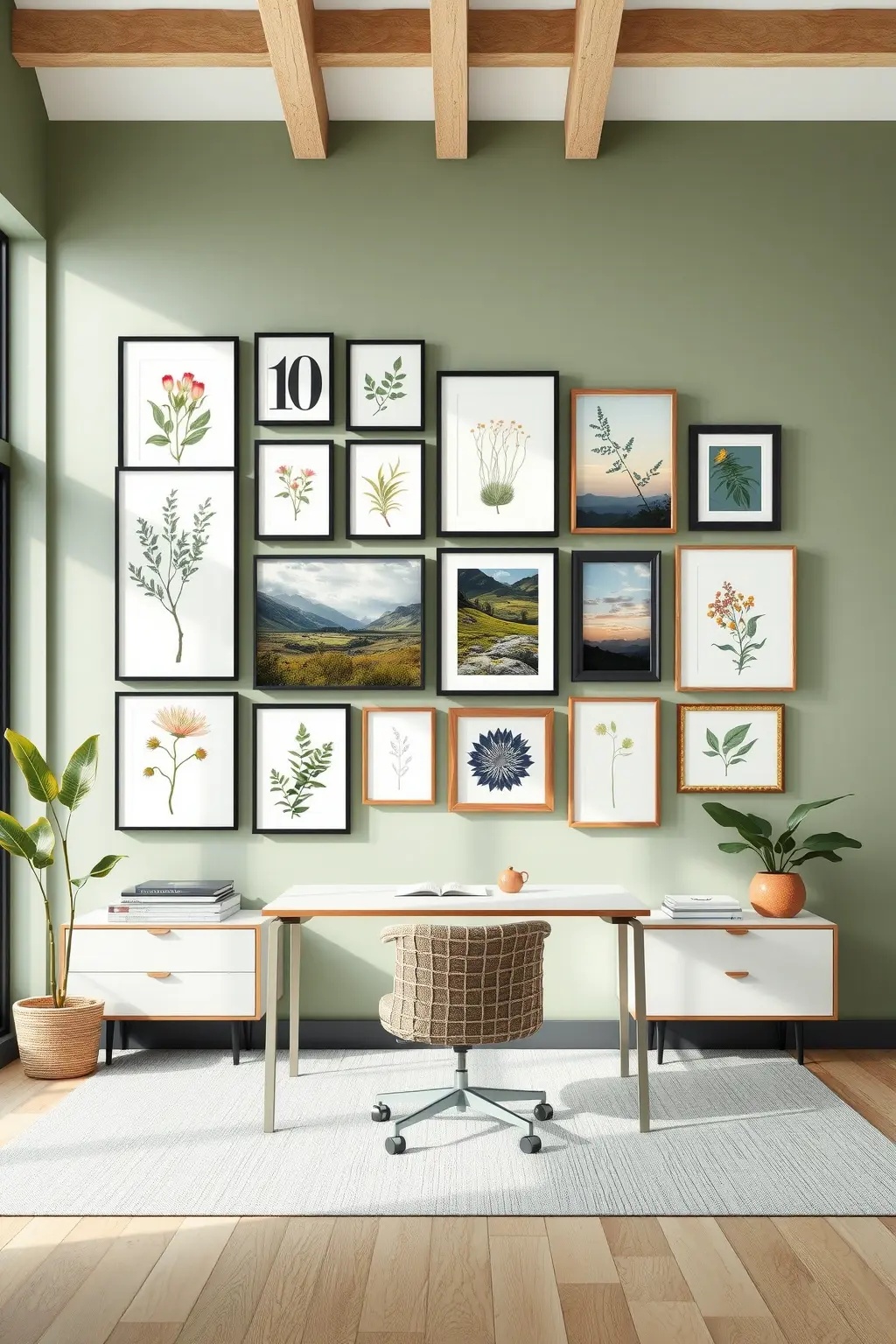 Nature’s Narrative - Bring the outdoors in with a gallery wall that celebrates nature through a mix of botanical prints and framed personal photographs of serene landscapes. Opt for a minimalist layout with clean lines that invite the eye to wander without clutter. Each piece serves as a gentle reminder of tranquility amid a busy day, fostering a productive mindset while nurturing your creative spirit.