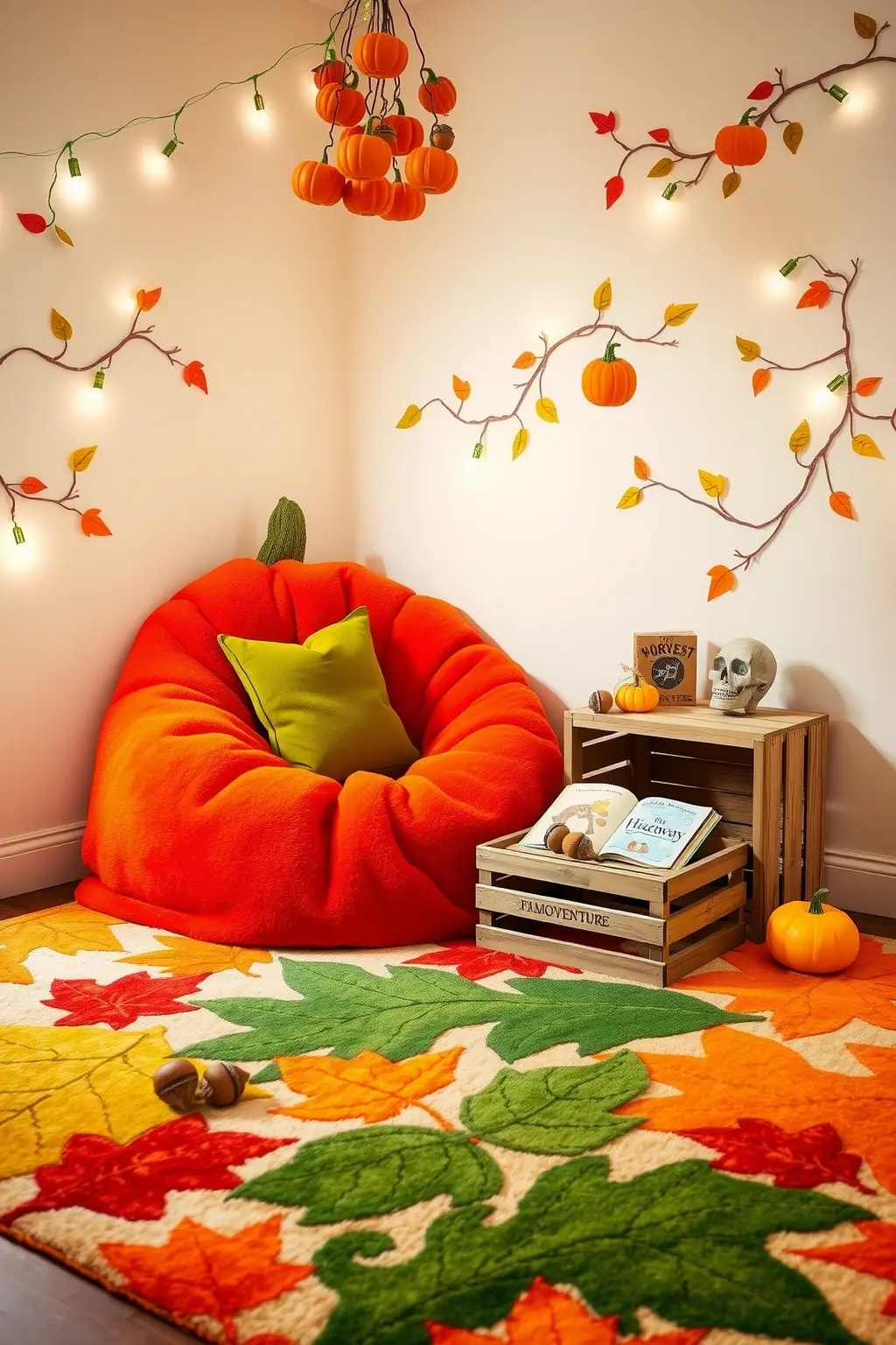 Harvest Hideaway Lounge - Step into the Harvest Hideaway Lounge, where whimsy meets rustic charm. This corner features a low wooden table, reminiscent of a harvest season bounty, laden with miniature pumpkins and cozy knitted blankets. Surround the area with earth-toned cushions that beckon both young and old to settle in. Soft pendant lights resembling oversized acorns hang low, casting a warm glow that encourages storytelling and laughter. It’s not just a space; it’s a cozy gathering point for family and friends, where the spirit of autumn encourages connection and shared moments, creating a tapestry of memories.