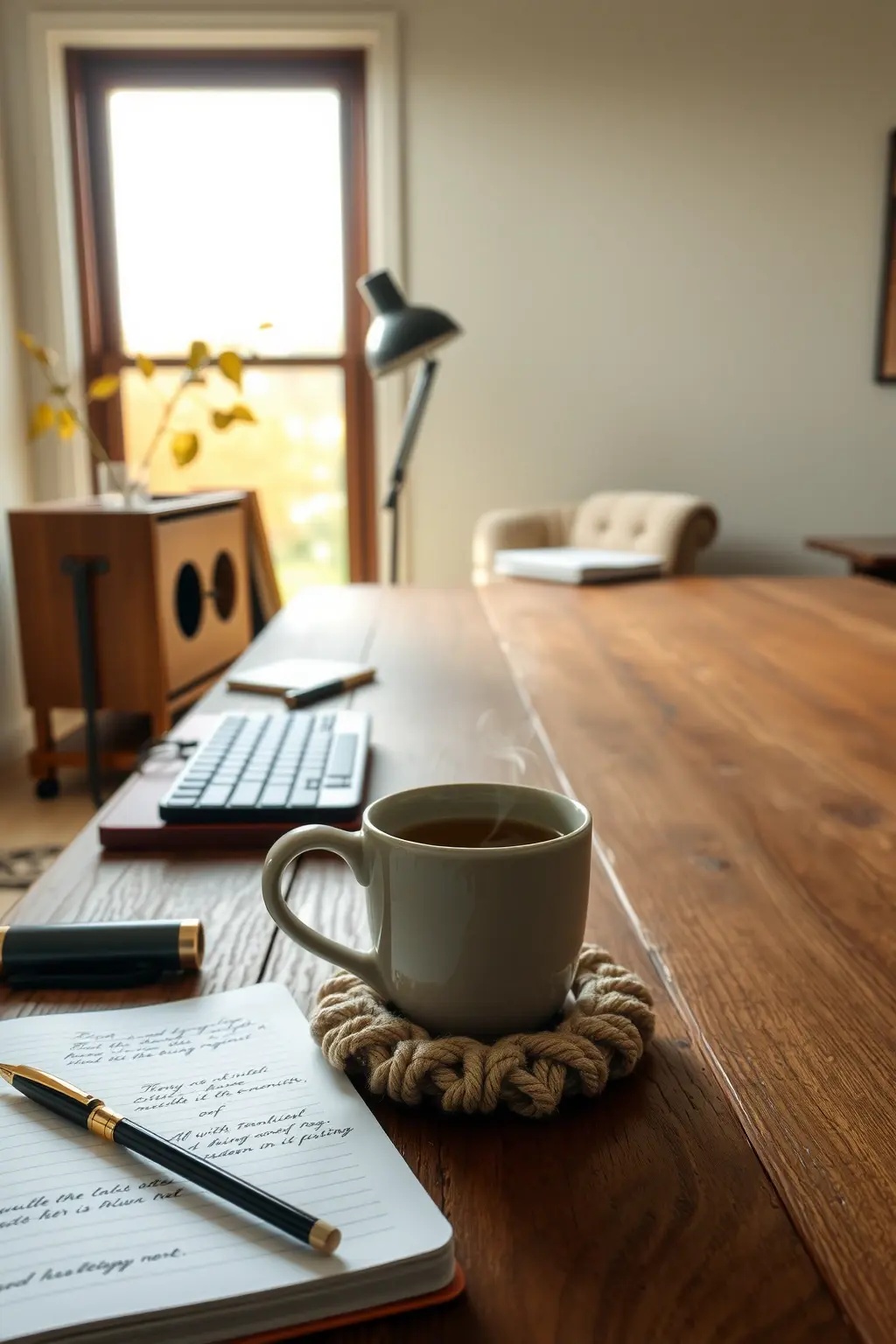 Mug Moments - Incorporate a curated selection of rustic mugs that reflect the season's aesthetic. Each mug can tell a story, whether it's a handcrafted piece from a local artisan or a vintage find that sparks nostalgia. Place a steaming cup of chai or hot cocoa within reach, accompanied by a small dish of homemade treats. This design invites a tactile experience, reminding you to take a moment for yourself amidst your busy schedule. Complement the setting with a warm-toned desk lamp that not only illuminates your workspace but enhances the inviting atmosphere, making every task feel like a cherished ritual.