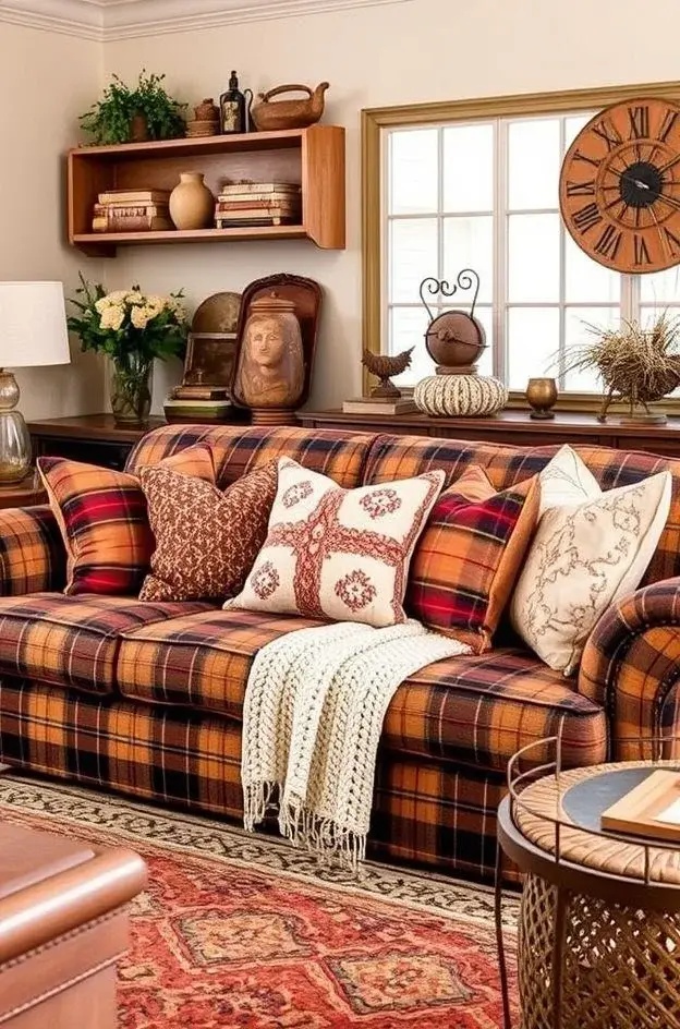 Heritage Comfort: The Eclectic Gatherings - Picture a bold, oversized sofa styled with an array of vintage plaid throws, each telling its own story. Curate a collection of autumn-themed pillows—some with playful patterns, others with elegant embroidery—arranged in an eclectic embrace. This design invites exploration and conversation; each piece offers a sensory experience that evokes the warmth of family gatherings and the joy of seasonal celebrations. The eclectic nature of this setup reflects individuality and personal history, transforming the living room into a tapestry of emotions where every guest feels welcomed, comforted, and inspired to share their own stories, making it a true gathering space for all.