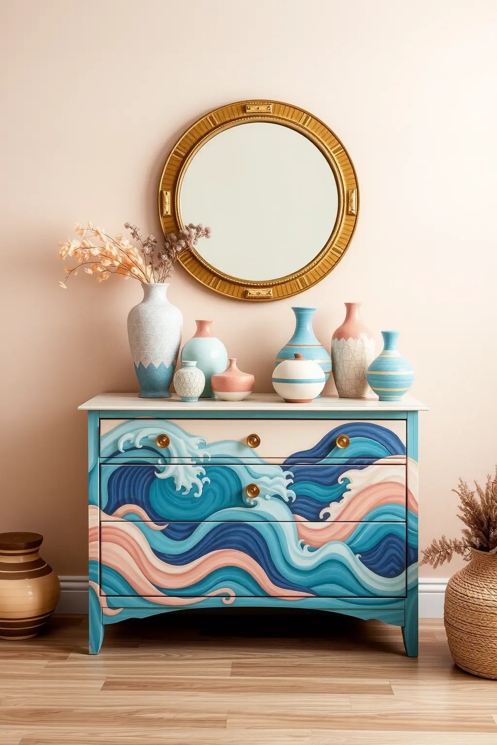 Whimsical Waves Dresser - With undulating lines painted in soft hues of blue and gray, this dresser transforms a mundane storage solution into a serene ocean-inspired statement. Perfect for bedrooms or nurseries, it captures the essence of calm and creativity.