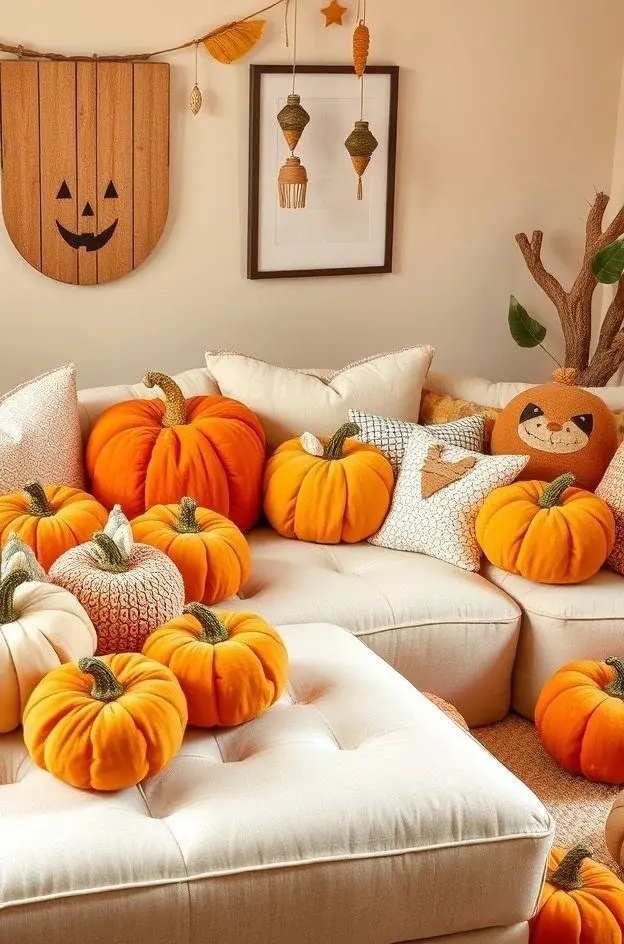 Pumpkin Pillows - Transform standard throw pillows into seasonal statements with removable covers featuring playful pumpkin patterns. Choose soft, muted colors to maintain a serene atmosphere while inviting the Halloween spirit. These pillows can serve as cozy accents for bedtime stories or movie nights, providing both comfort and charm without any spookiness. Perfect for snuggling up as the nights grow cooler!