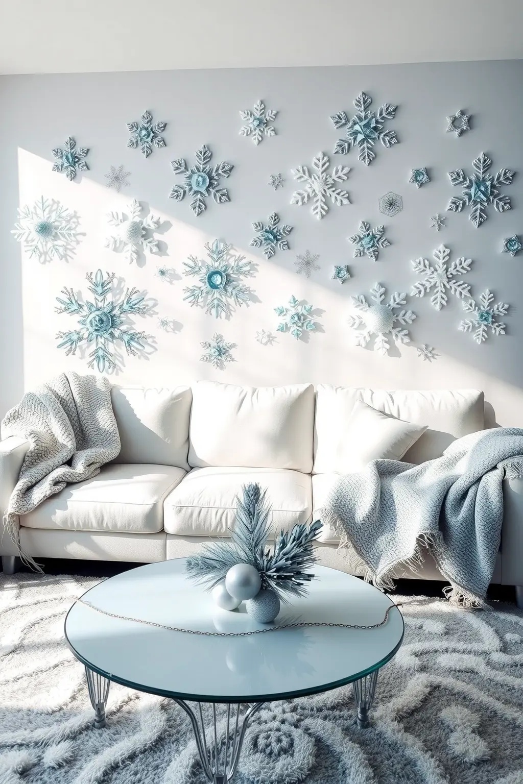 Floating Winter Wonderland - Incorporate the Floating Winter Wonderland concept by suspending your snowflakes from the ceiling. Use transparent fishing line to create the illusion that these ice crystals are gently drifting in mid-air. Perfect for a cozy reading nook or a dining area, this installation adds an ethereal touch while maintaining airy minimalism. Enhance the effect with soft, warm lighting to create an inviting atmosphere that invites both relaxation and conversation.