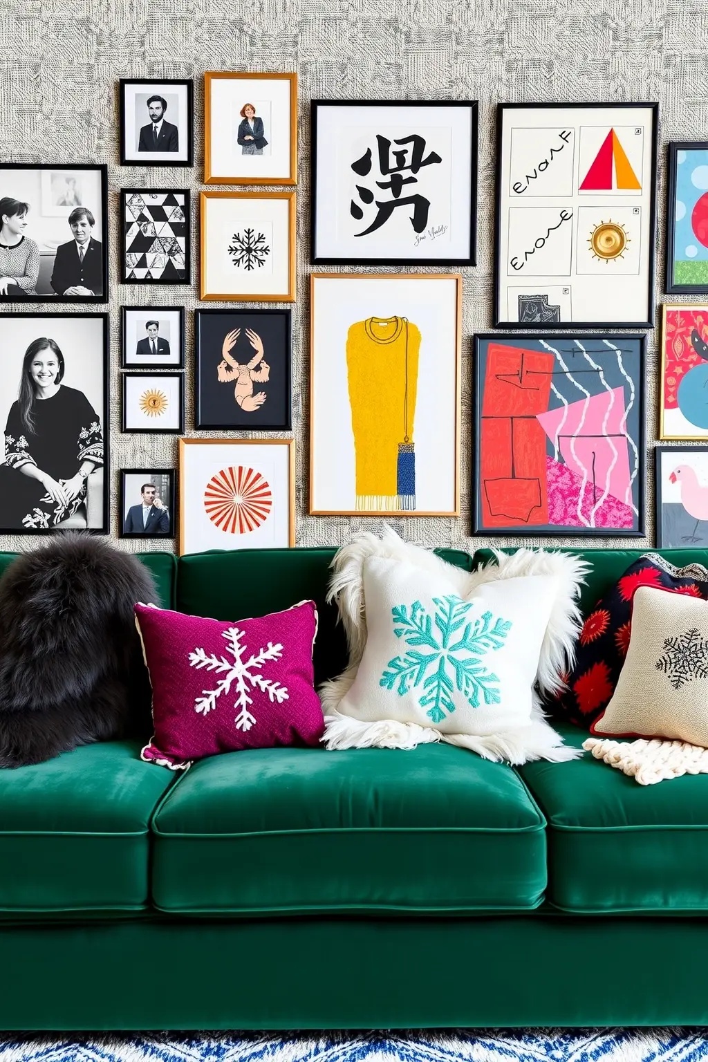 Eclectic Contrast Collage - Break the single-pattern rule by curating an eclectic collage around your sofa. Showcase the faux fur pillows alongside bold prints or even metallic elements. Think geometric patterns or whimsical florals that clash beautifully with the snowy elegance of the pillows. This playful mix takes your decor from predictable to breathtaking, ensuring your space is as unique as you are while radiating warmth on even the coldest winter nights.