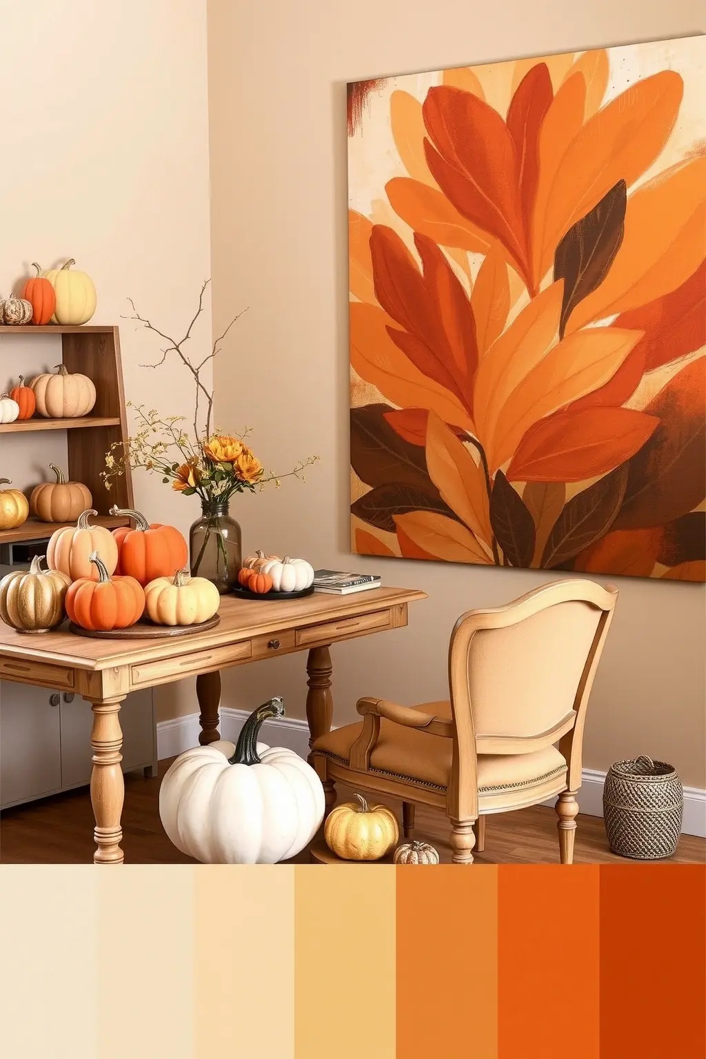 Artisanal Pumpkin Palette - Incorporate a subtle pop of seasonal color with artisanal pumpkin accents. Opt for a curated selection of hand-painted pumpkins in soft pastels or muted earth tones, arranged in a stylish bowl or on a sleek tray. These organic forms can serve as paperweights or decorative objects on a clean desk surface, marrying functionality with aesthetic appeal. They evoke the essence of harvest while maintaining a chic, modern vibe.