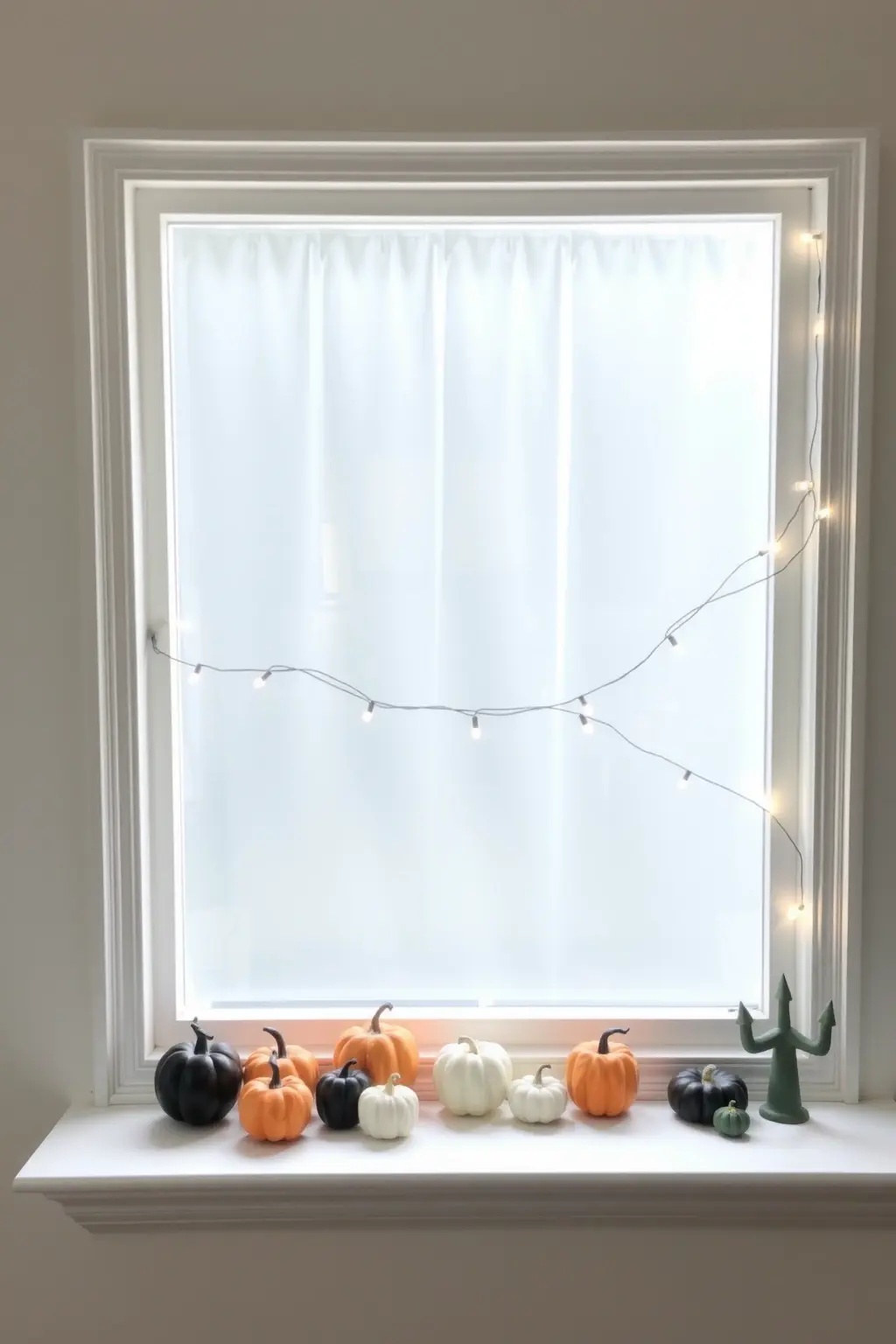 Whimsical Window Display - Turn your window into an enchanting view with minimalist flair. Adorn the glass with oversized black bat cutouts that seem to be gliding into your home. Below, arrange a row of black candles on a simple wooden ledge, varying their heights for visual interest. As the light dims outside, the candles illuminate the bats, creating a captivating scene that draws onlookers in. This display isn't just decor; it’s a portal to a whimsical world that sparks joy and evokes childhood memories of Halloween nights.