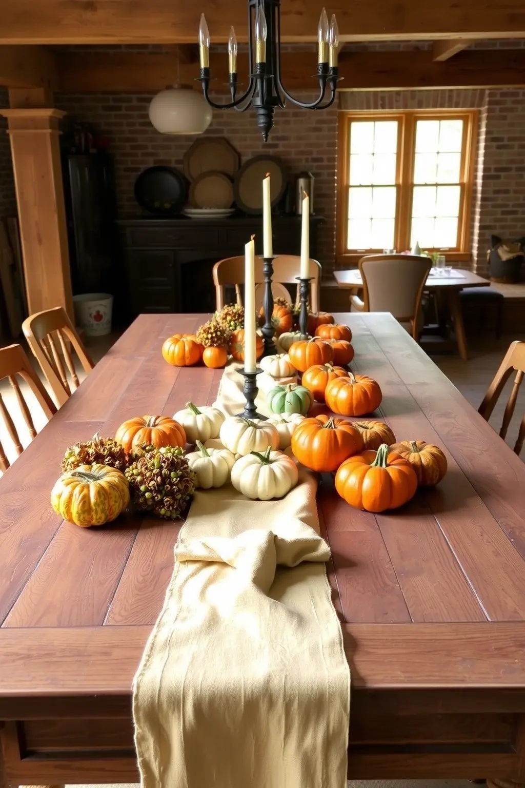 Harvest Table Runner Symphony - Reimagine the traditional table runner with a creative twist. Use a length of burlap or a textured fabric as your base, and intersperse vibrant mini pumpkins along its length, varying their placements for a casual yet curated look. Nestle tealight candles in clear glass holders among the pumpkins, casting a soft light that dances across the table. This idea marries practicality with elegance, setting the stage for both lively dinners and intimate gatherings, all while keeping the dining experience at the forefront.