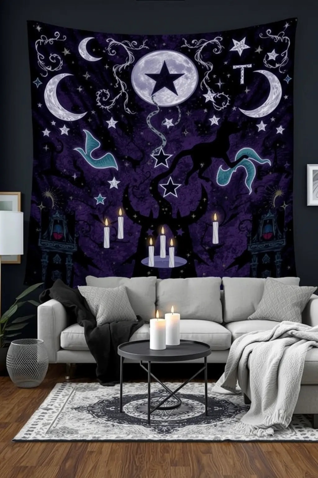 Witching Hour Tapestry - Elevate a plain wall with a large tapestry that tells a story of witches at play. Choose a vintage-style fabric in earthy tones and hand-paint or stencil silhouettes of witches, cauldrons, and broomsticks scattered across the design. This piece can double as a cozy backdrop for your Halloween festivities while adding texture and warmth to your living space. Best of all, you can pass it off as a year-round tapestry that just happens to have a spooky twist during October!