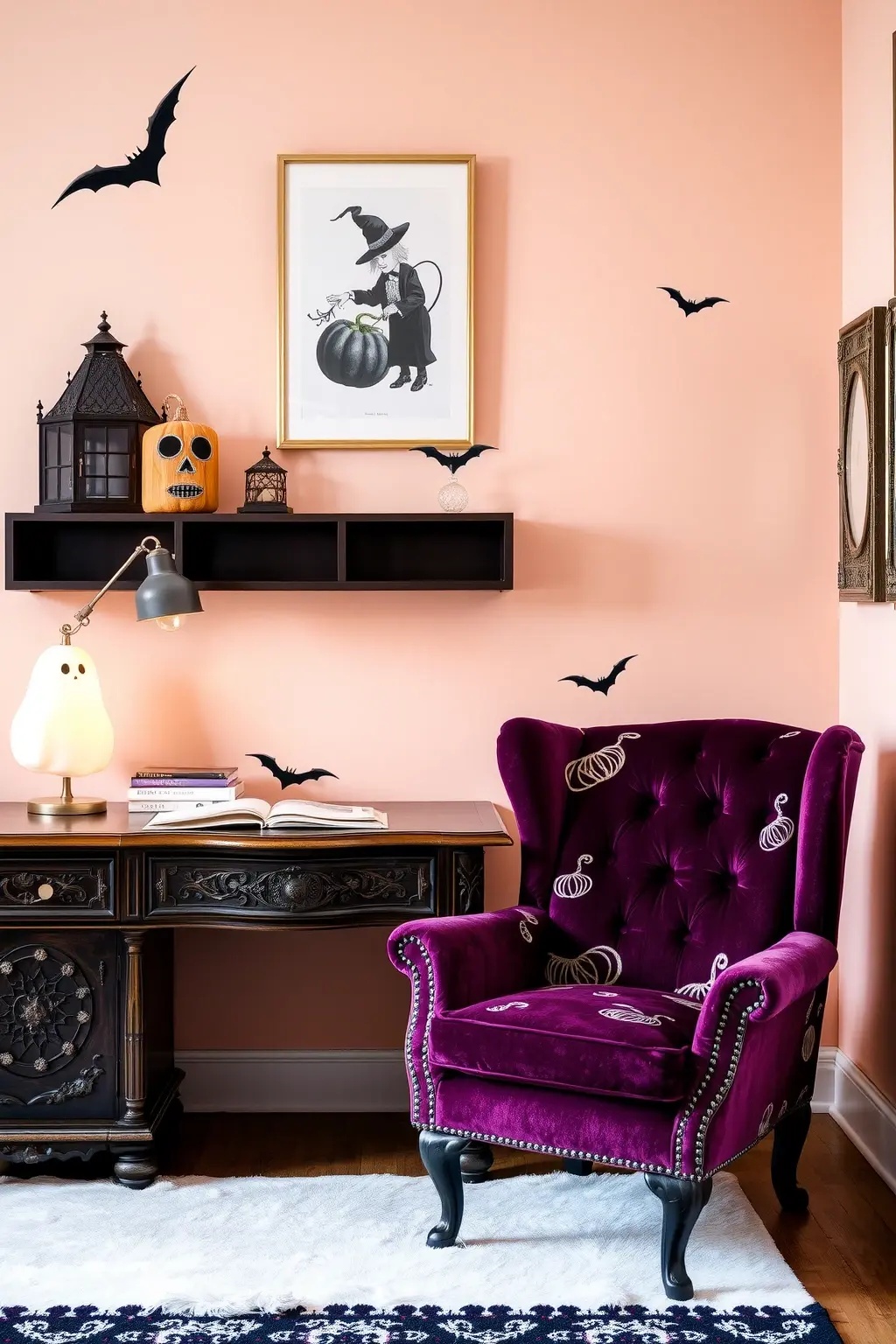 Whimsical Workstation - Inject a playful vibe into your office by incorporating elements that celebrate the fun side of Halloween without sacrificing professionalism. A giant paper moon hung on the wall can serve as an eye-catching backdrop, while a series of quirky yet sophisticated desk accessories, like a pumpkin-shaped pen holder or ghostly notepads, can keep your workspace lively. Choose organic materials—like a reclaimed wood desk with a touch of chalkboard paint for a memo area—where you can jot down ideas or doodle during breaks. This design embraces the spirit of Halloween in a way that invites laughter and joy, turning your workspace into an inspiring realm of creativity.