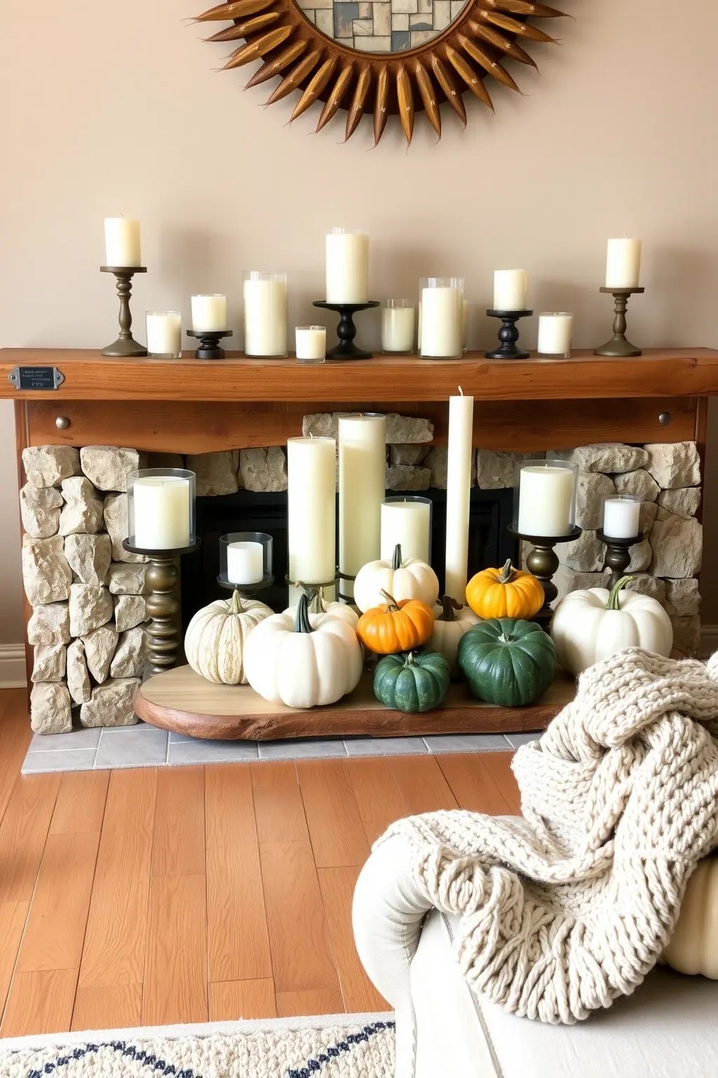 Candlelit Serenity - Illuminate your autumn nights with an enchanting arrangement of candles. Use a mix of heights and styles—tapered, votive, and pillar candles—paired with candle holders of natural materials like wood and metal. As the glow flickers, it casts a soft warmth across your mantel, conjuring feelings of tranquility and warmth.