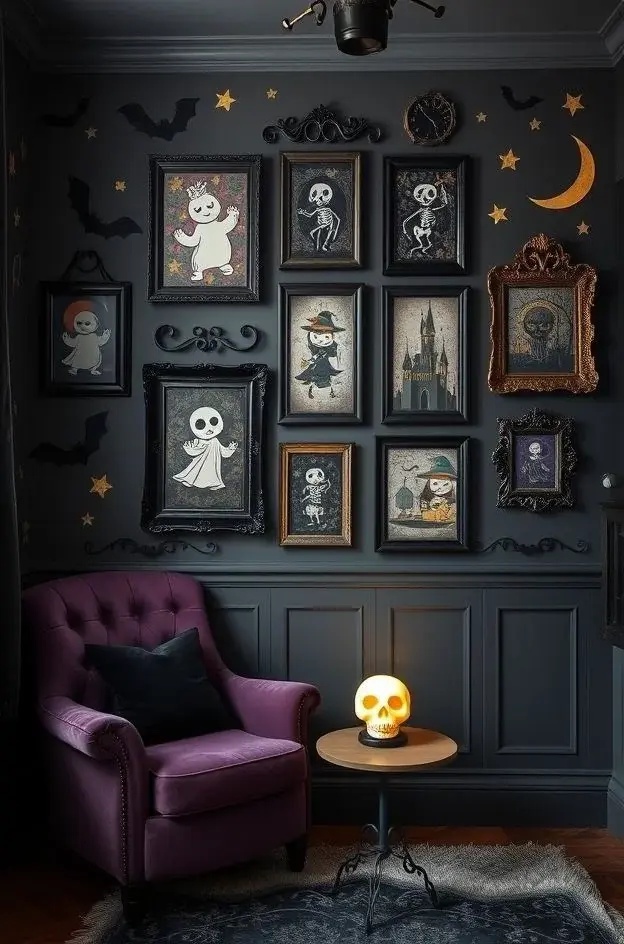 Gothic Gallery - Create a gallery wall that tells ghostly tales. Mix framed art pieces with bat stickers flying in and out of the frames, as if they’re escaping from the artwork itself. This integration not only adds depth but instills a sense of movement, making your wall come alive with stories of the supernatural.