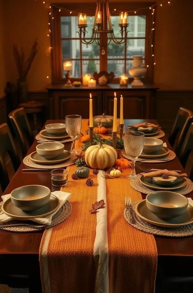Layered Textures - Incorporate an eclectic mix of linens to create depth on your table. Start with a textured burlap table runner, topped with an elegant lace overlay in cream. Use this juxtaposition to soften the rustic wooden chargers, allowing them to stand out while harmonizing with the warm orange accents in the napkins and tableware.