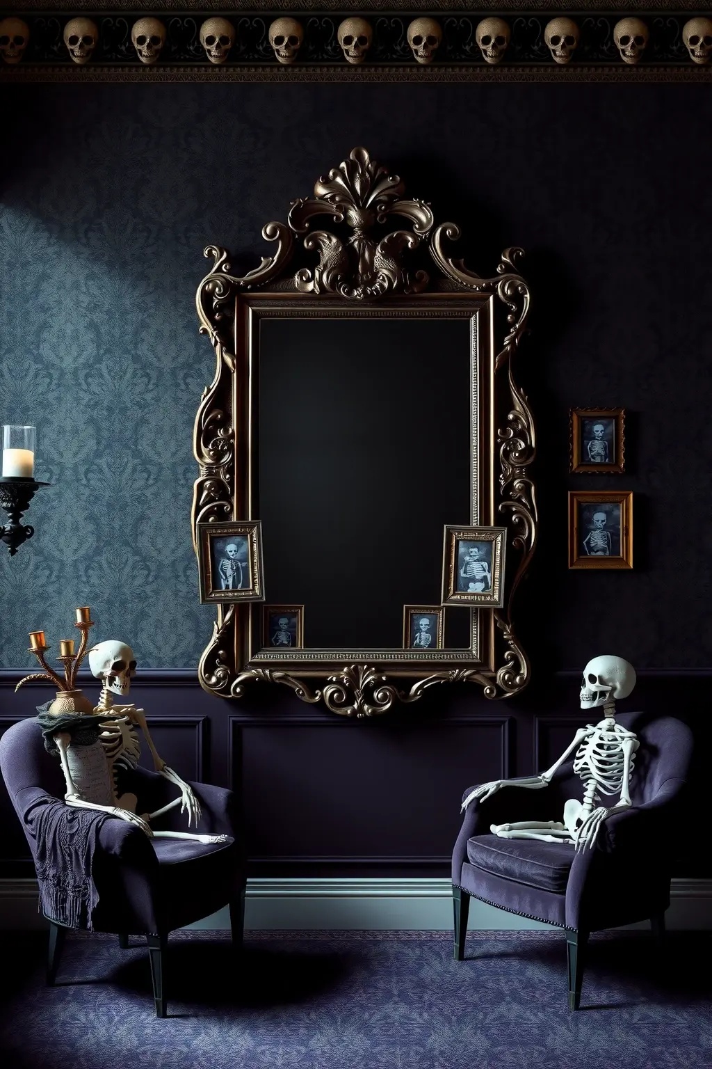 Skeleton Sitting Room - Set up a cozy outdoor lounge by placing comfy chairs and a small table adorned with a tablecloth that features skeleton motifs. Invite your skeleton friends to join the gathering by positioning them as if they’re engaged in conversation, sipping spooky cocktails. Use rustic elements like burlap and natural wood to frame this eerie yet inviting scene.