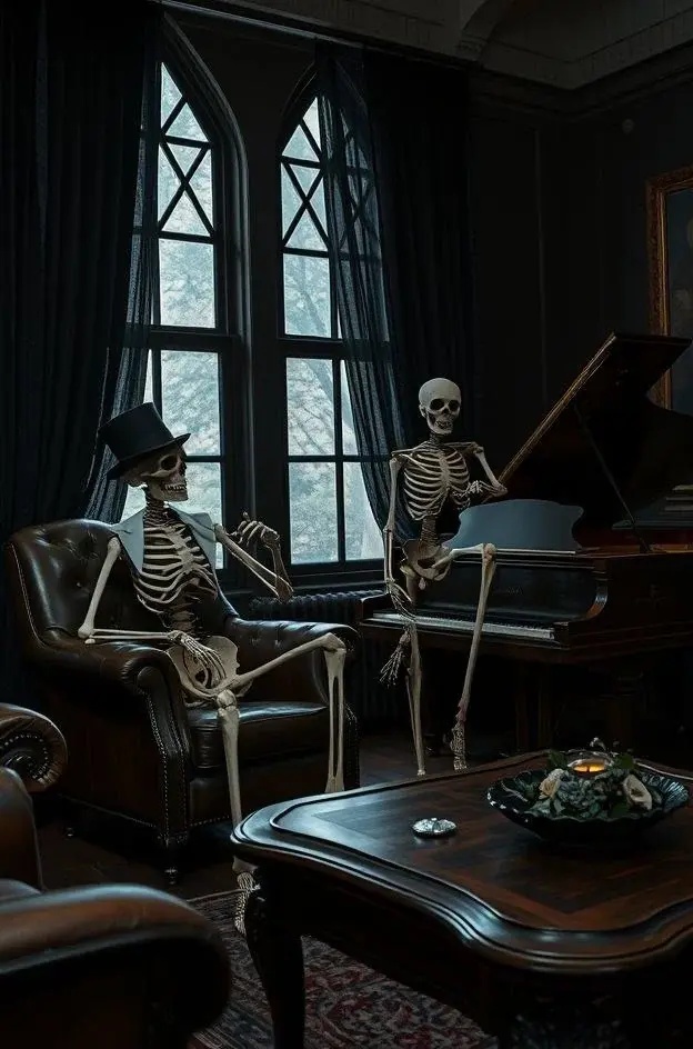 Bone-chilling Elegance: Skeletons in Suits - Add a touch of class to your Halloween with dapper skeletons dressed in miniature tuxedos and ball gowns. Position them around a small outdoor table set for a spooky dinner party, complete with cobweb-covered candelabras and elegant dinnerware. This chic setup invites your guests to engage in a hauntingly stylish evening, merging sophistication with playful whimsy.