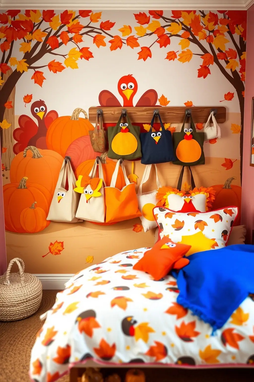 Turkey Totes - Transform plain canvas tote bags into adorable turkey-themed decor! With fabric paint and some simple sewing, kids can craft their own unique turkey totes. These can serve not just as decor but also functional bags for gathering treats or toys, making them both cute and practical!