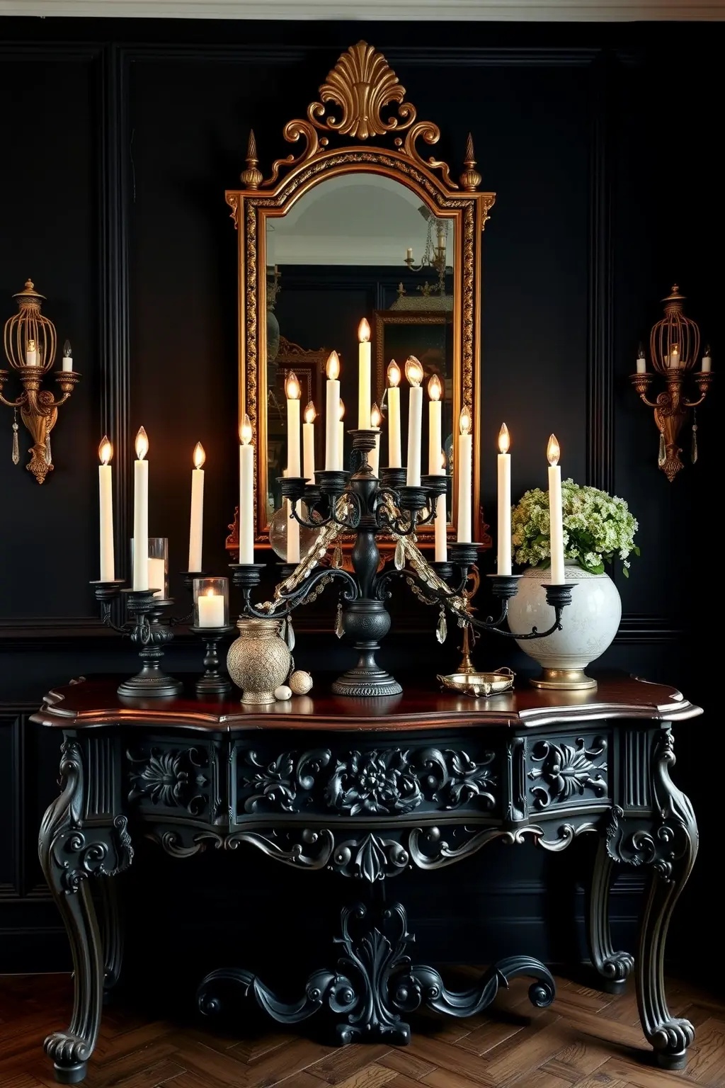 Candelabra Symphony - Introduce drama with a striking candelabra arrangement. Opt for an ornate piece in tarnished gold or wrought iron, and mix in candlesticks of varying heights. Use black or dark red candles to add an air of mystery. As the flickering flames illuminate the table, your guests will feel transported into a gothic fairytale.
