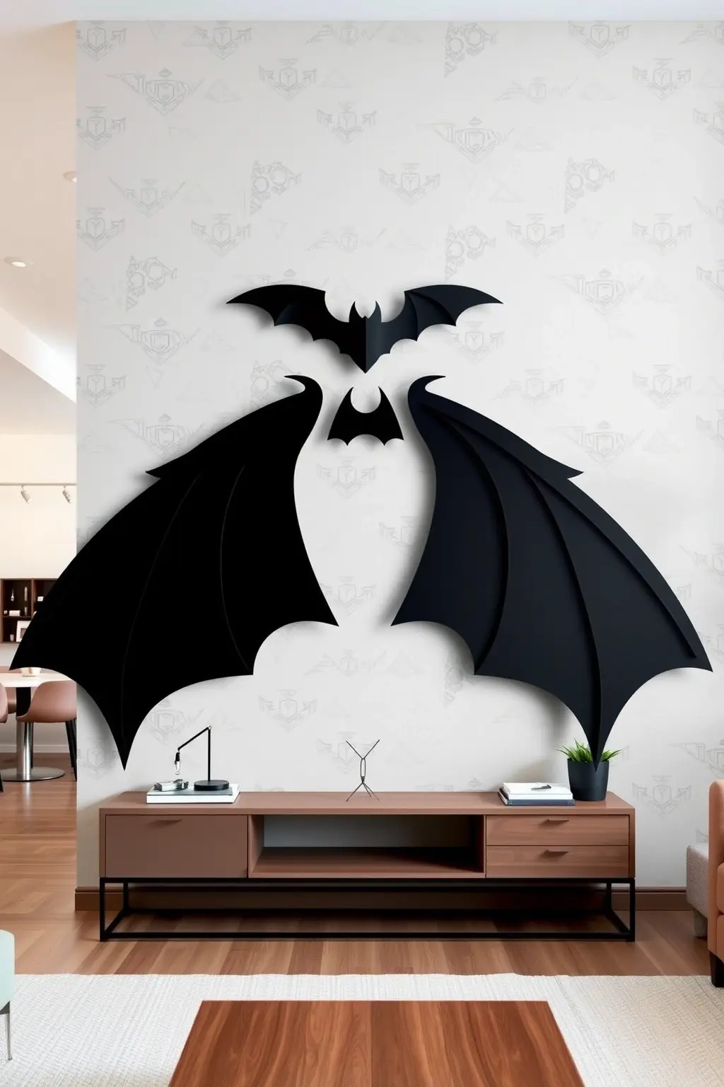 Batty Wall Art - Forget about boring framed pictures; how about a series of bat silhouettes that act as art? Paint a large canvas in a bold color, then attach minimalist bat shapes cut out from wood or metal. This piece will serve as a striking focal point that’s both edgy and chic, making your wall a conversation starter without overwhelming your budget.
