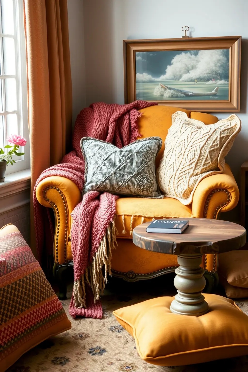 The Cozy Corner - Create a dedicated reading nook with a plush, oversized armchair nestled in a corner. Accent it with a chunky knitted throw and oversized cushions. This dreamy setup beckons you to curl up with your favorite book, creating a perfect retreat from the world.