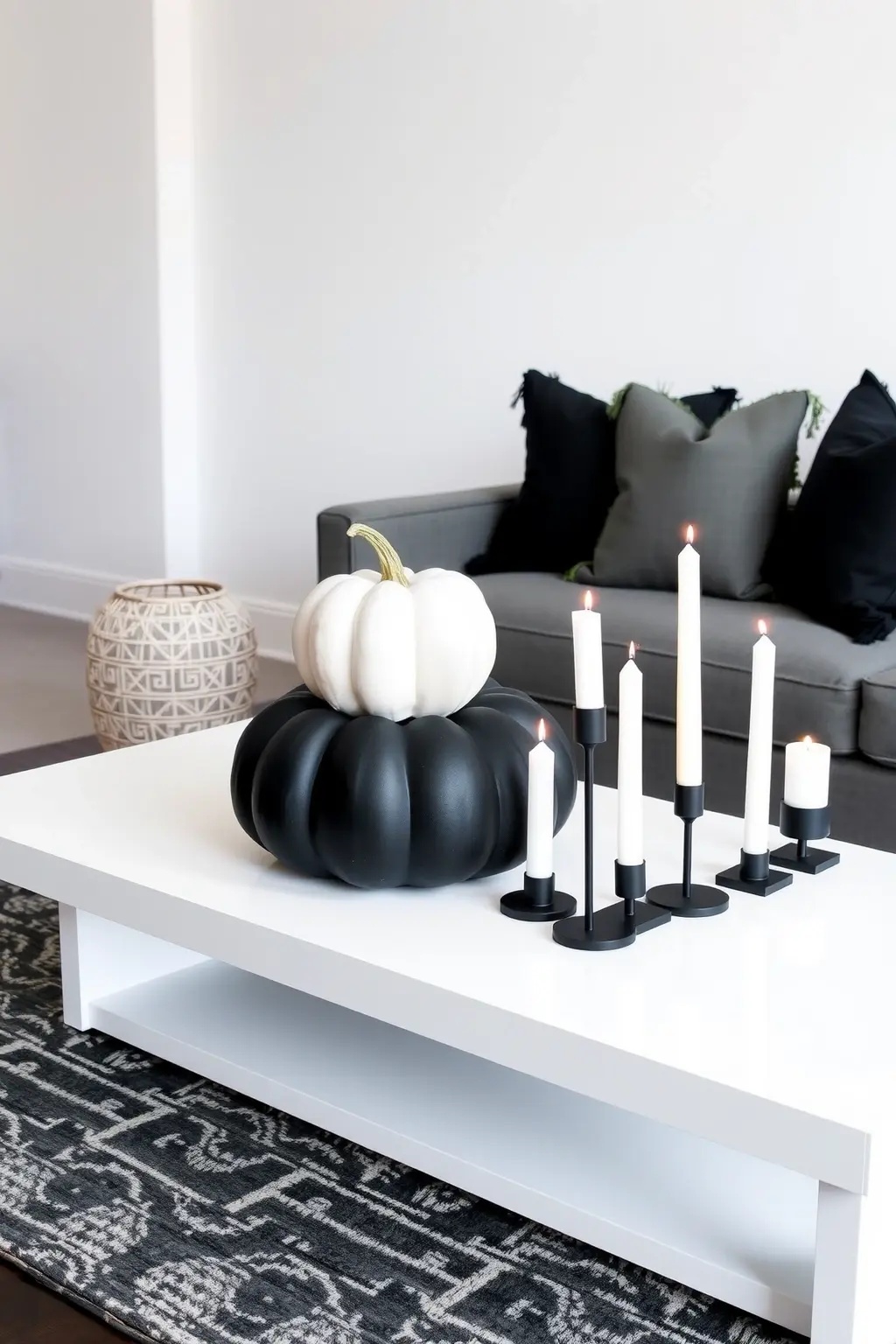 Candlelit Charm - Place a few black and white pumpkins around a cluster of candles to curate a cozy corner. The flickering light against the backdrop of the pumpkins creates an intimate space, perfect for reading or enjoying an evening of soft music.