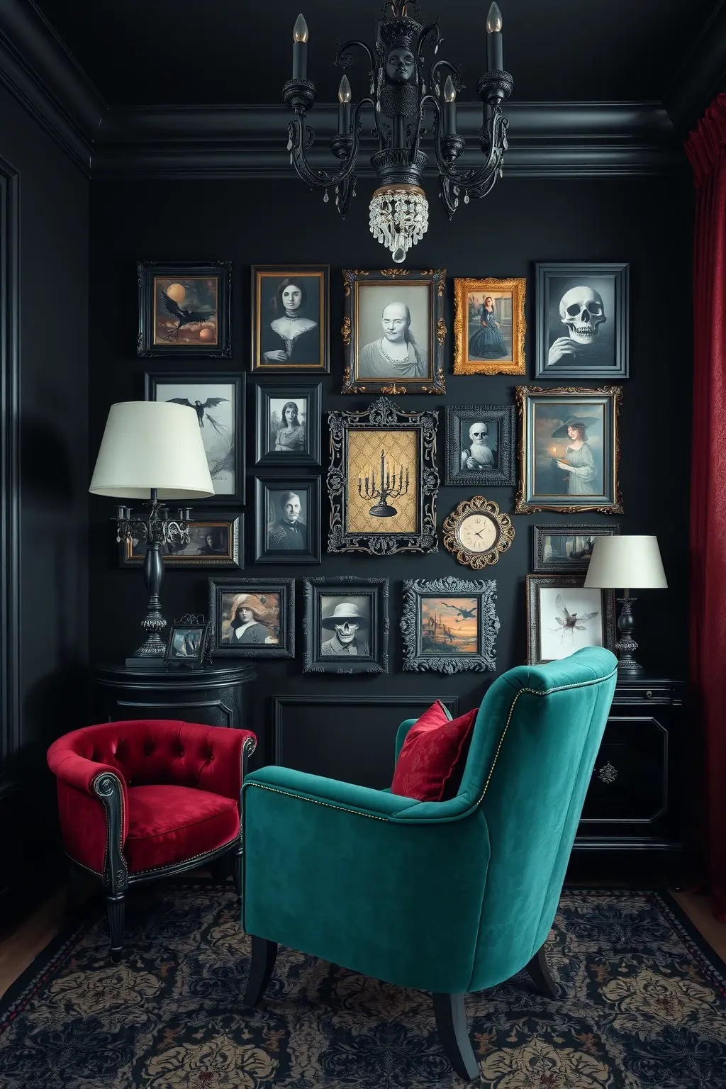 Gothic Glamour - Channel your inner dark aesthetic with deep moody colors and ornate frames. Think vintage portraits of skeletons and candelabras, balanced with gold accents. This elegant gallery wall adds a sophisticated spine-chilling vibe to your space.