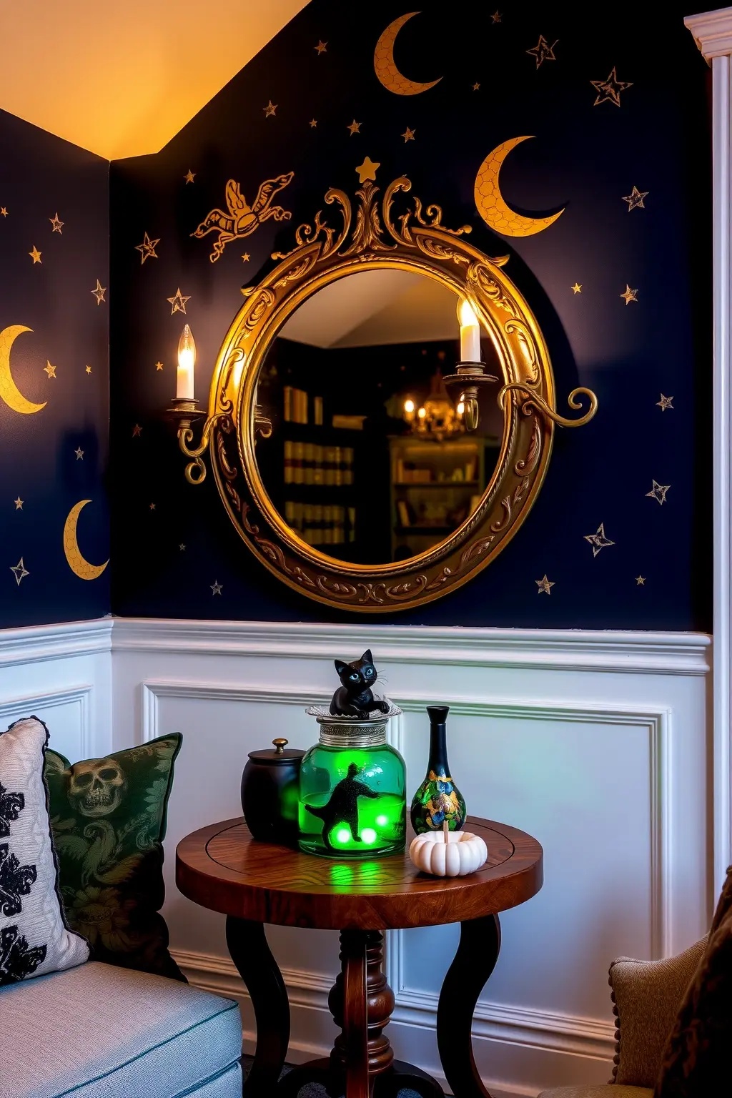 Whimsical Witching - Channel your inner enchantress with sconces decorated in playful witch motifs. Consider ceramic sconces in the shape of cauldrons, with green or orange LED lights embedded to give an otherworldly vibe. Perfect for a family-friendly touch!