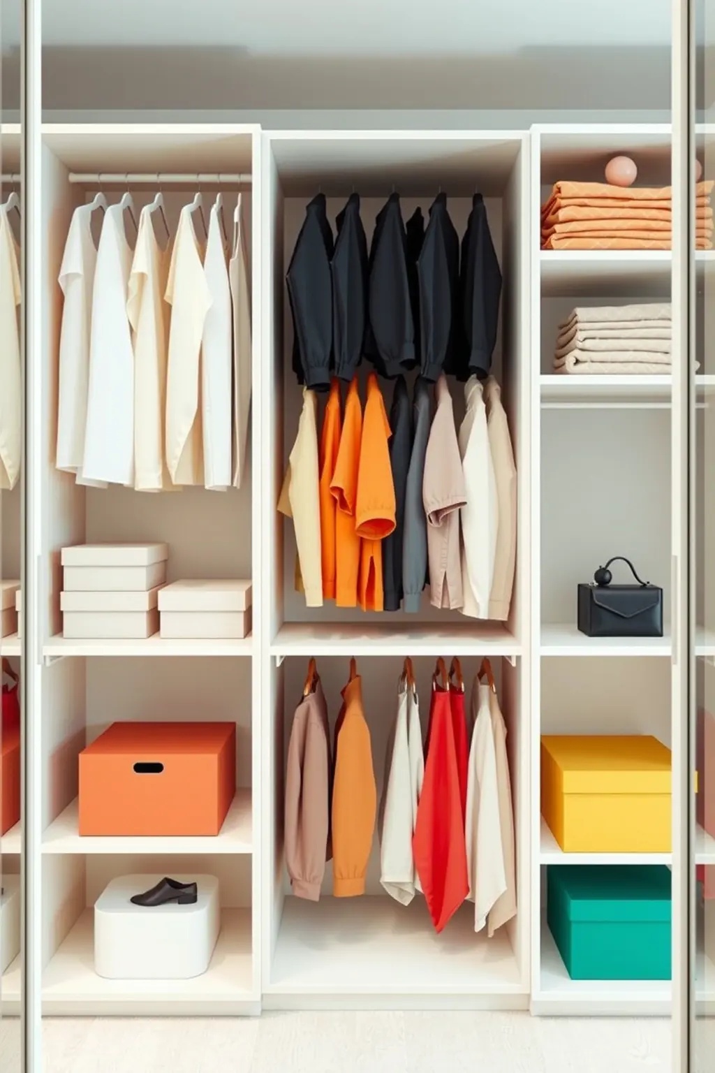 The Color Code Conundrum - Engage your senses with a color-coded system that transcends mere organization. By grouping garments in a spectrum from light to dark or arranging them by hue, you create an inspiring visual journey every time you open the door. This technique elevates mundane choices into an artful experience, enhancing your emotional connection to your wardrobe.