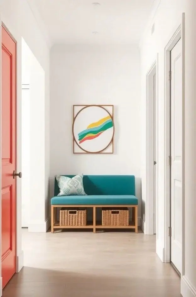 Color Pop Perfection - Introduce vibrant colors to your mudroom with a painted bench and bold, patterned baskets. This approach adds personality and can effectively brighten up a small area. The fun hues will greet you every day with a smile.