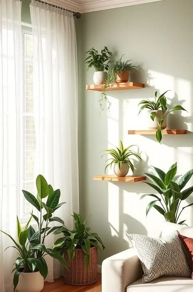Botanical Haven - Create a green sanctuary by incorporating floating corner shelves designed specifically for plant displays. With tiered levels, you can elevate trailing vines and potted succulents, forming a lush, living artwork that breathes life into your room.