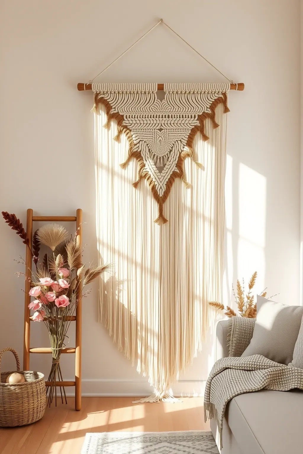 Wanderlust Weave - This multi-tiered macrame creation showcases an eclectic mix of dried flowers from around the world, including statice, kangaroo paw, and thistle. Each layer tells a story, inviting the viewer on a journey through diverse landscapes while adding depth and dimension to your decor. Perfect for a boho nook or an artist's studio.