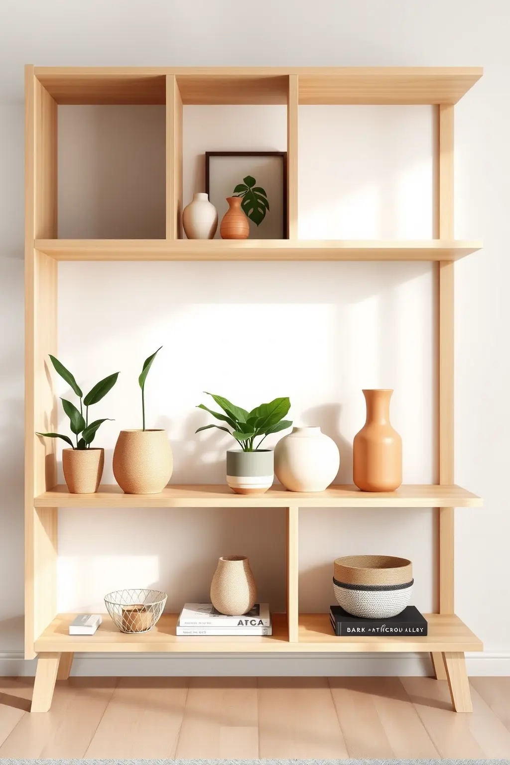 Functional Serenity Shelving - Transform your storage with a minimalist shelving unit that emphasizes function and beauty. Opt for open shelving made from light wood or bamboo, showcasing a curated selection of books, ceramics, and woven baskets. This approach reduces clutter while allowing you to express your personal style in an organized manner, essential for a Japandi-inspired living room.