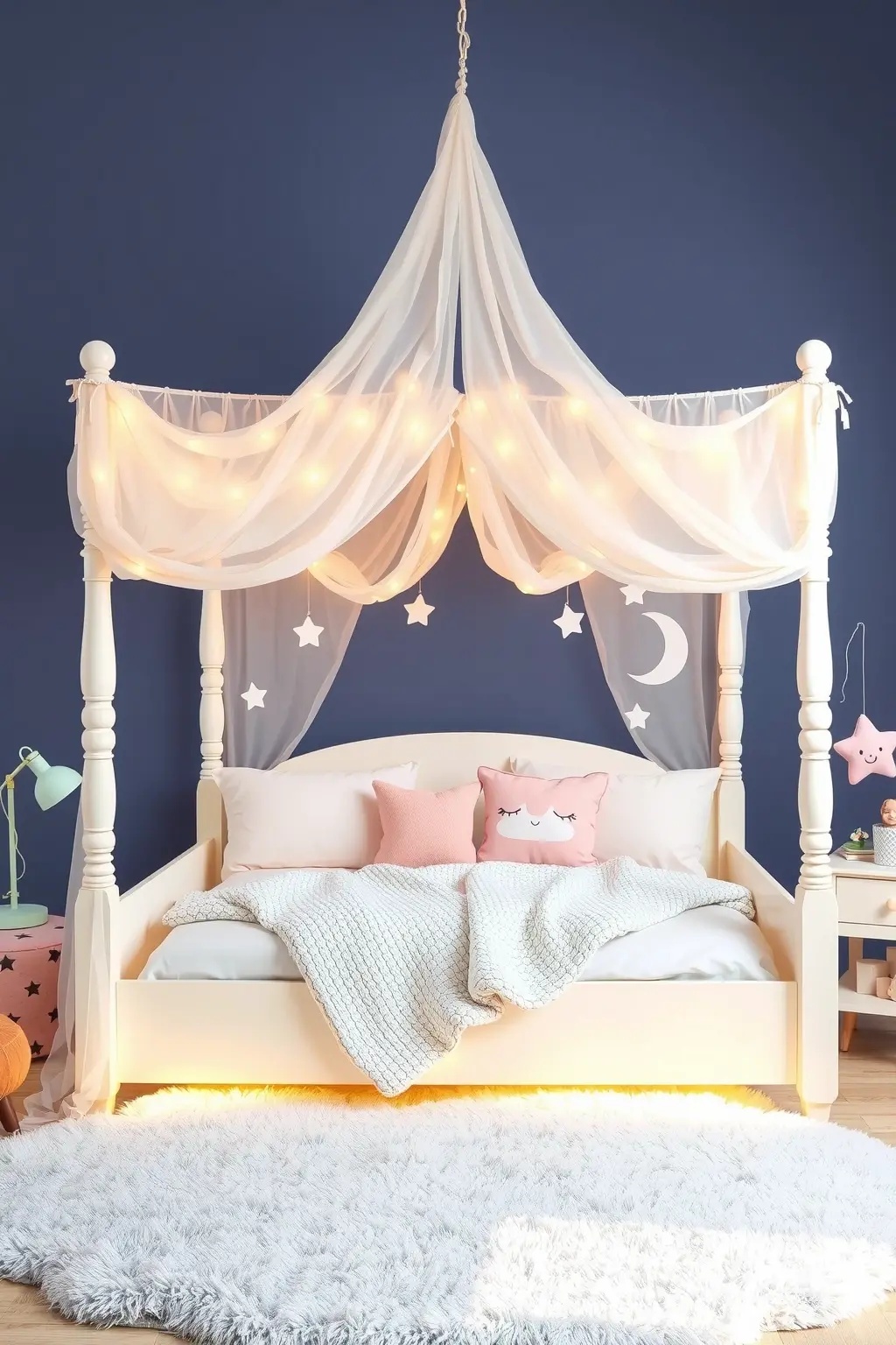 Luminous Nighttime Nook - Incorporate a canopy bed that doubles as a reading nook by adding a soft, dreamy lighting fixture overhead, like a whimsical chandelier made from twinkling lights or hanging lanterns. This not only creates a cozy atmosphere for bedtime stories but also transforms the space into a stylish focal point, ensuring that every evening feels special.
